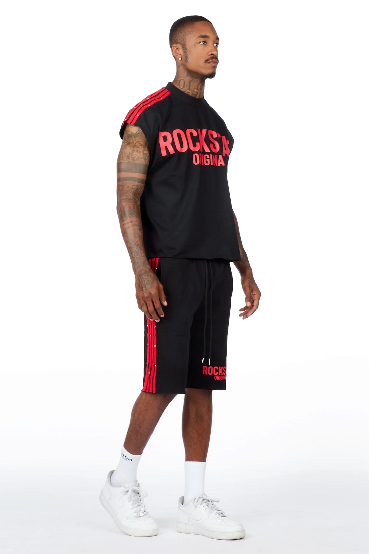 Gulis Black/Red Rhinestone Cut Sleeve T-Shirt Short Set