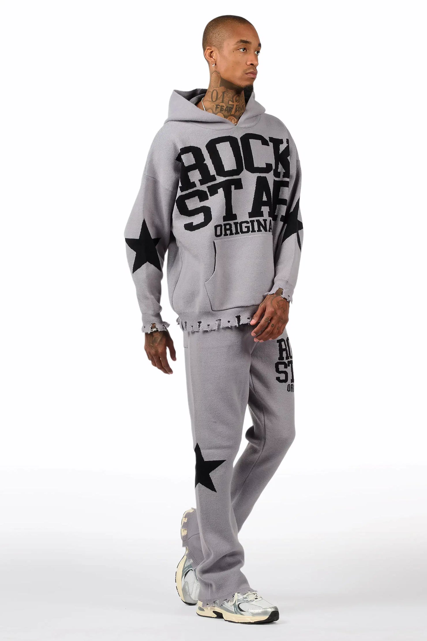 Outlaw Grey Hoodie Stacked Flare Knitted Set
