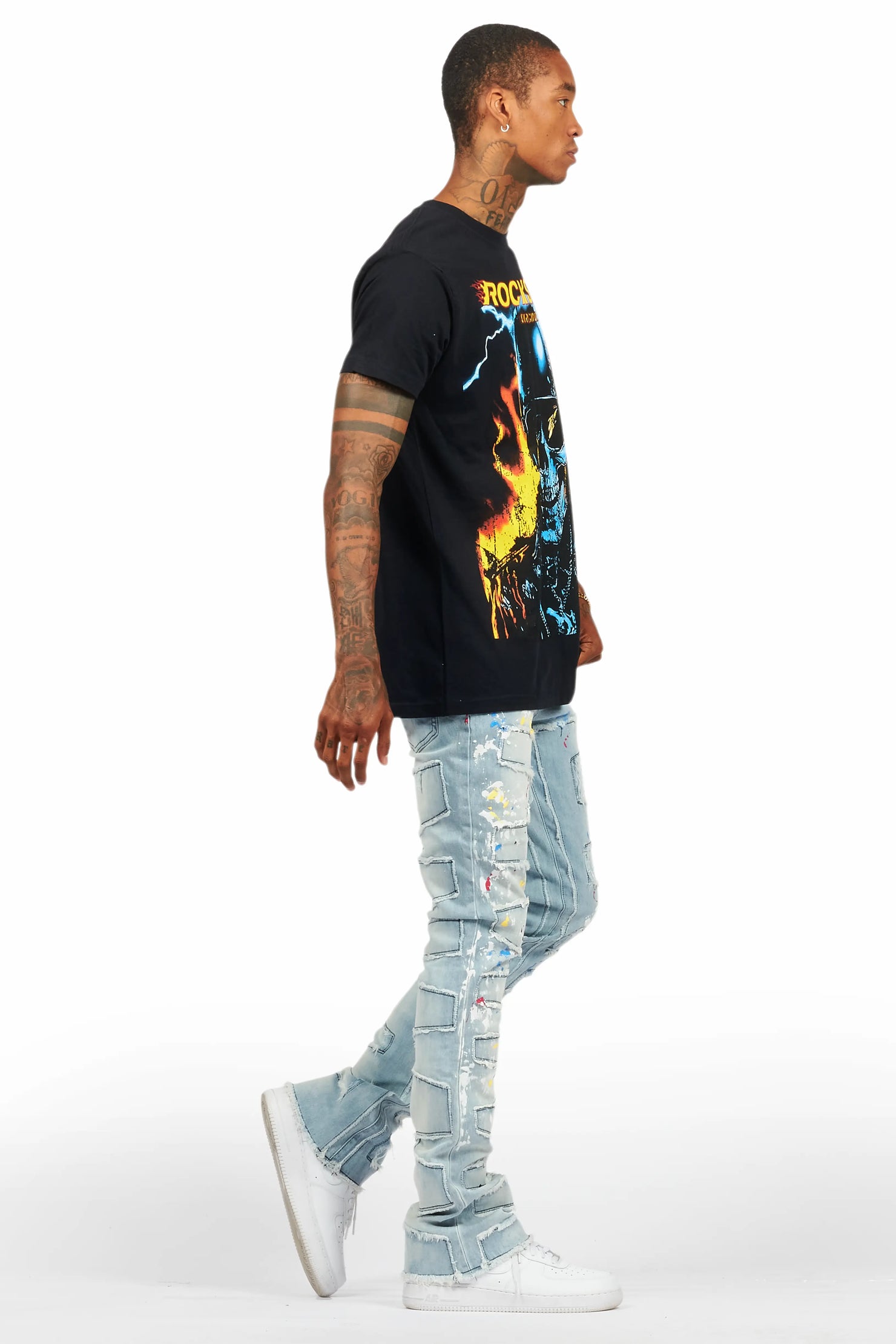 Shaddie Light Blue Painter Stacked Flare Jean