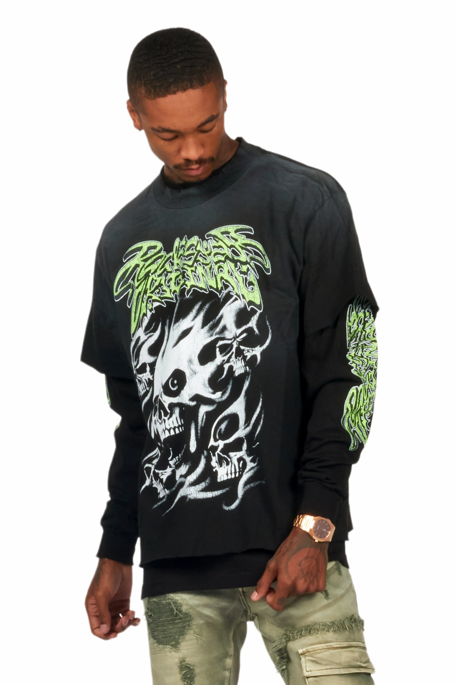 Schtupp Black Double Layer Long Sleeve Graphic T-Shirt