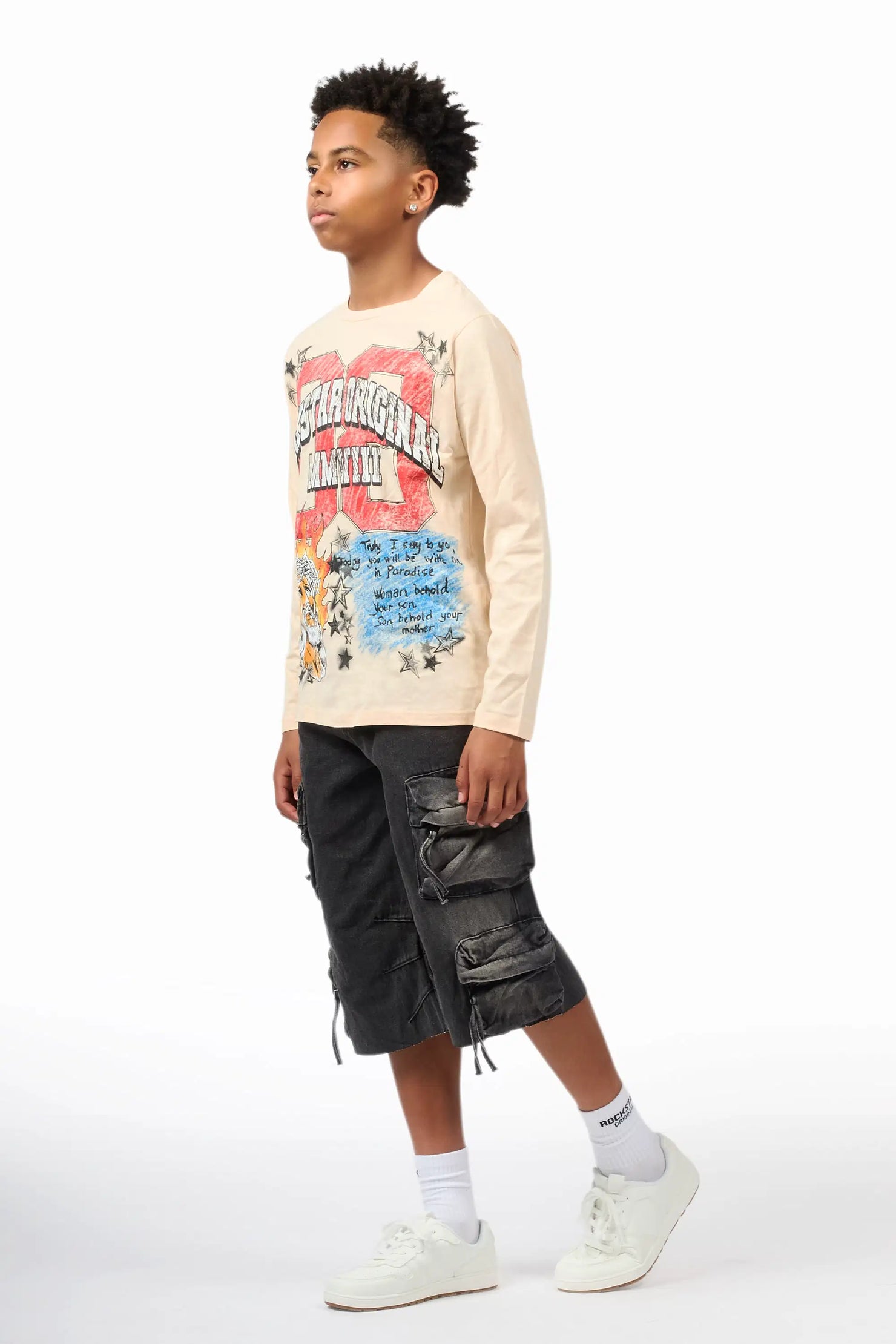 Boys Jesus Crayon Sand/Black Long Sleeve T-Shirt/Denim Jort Set