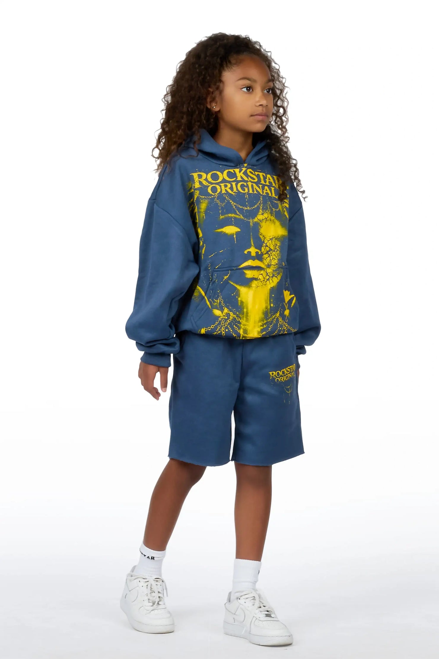 Girls Kairose Navy/Yellow Fleece Hoodie Short set