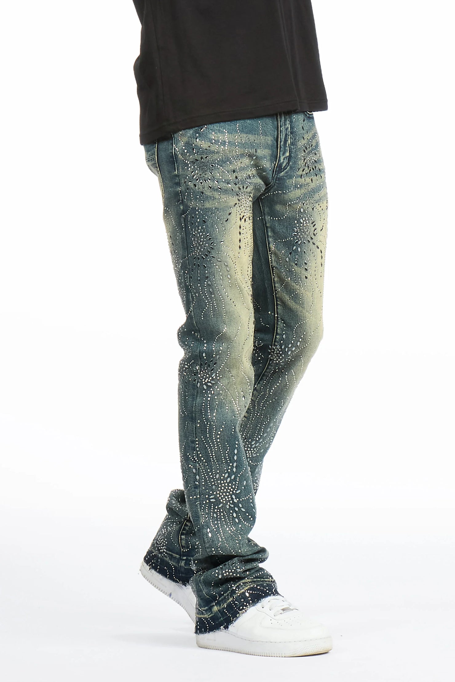 Izai Dark Blue Rhinestone Stacked Fit Jean