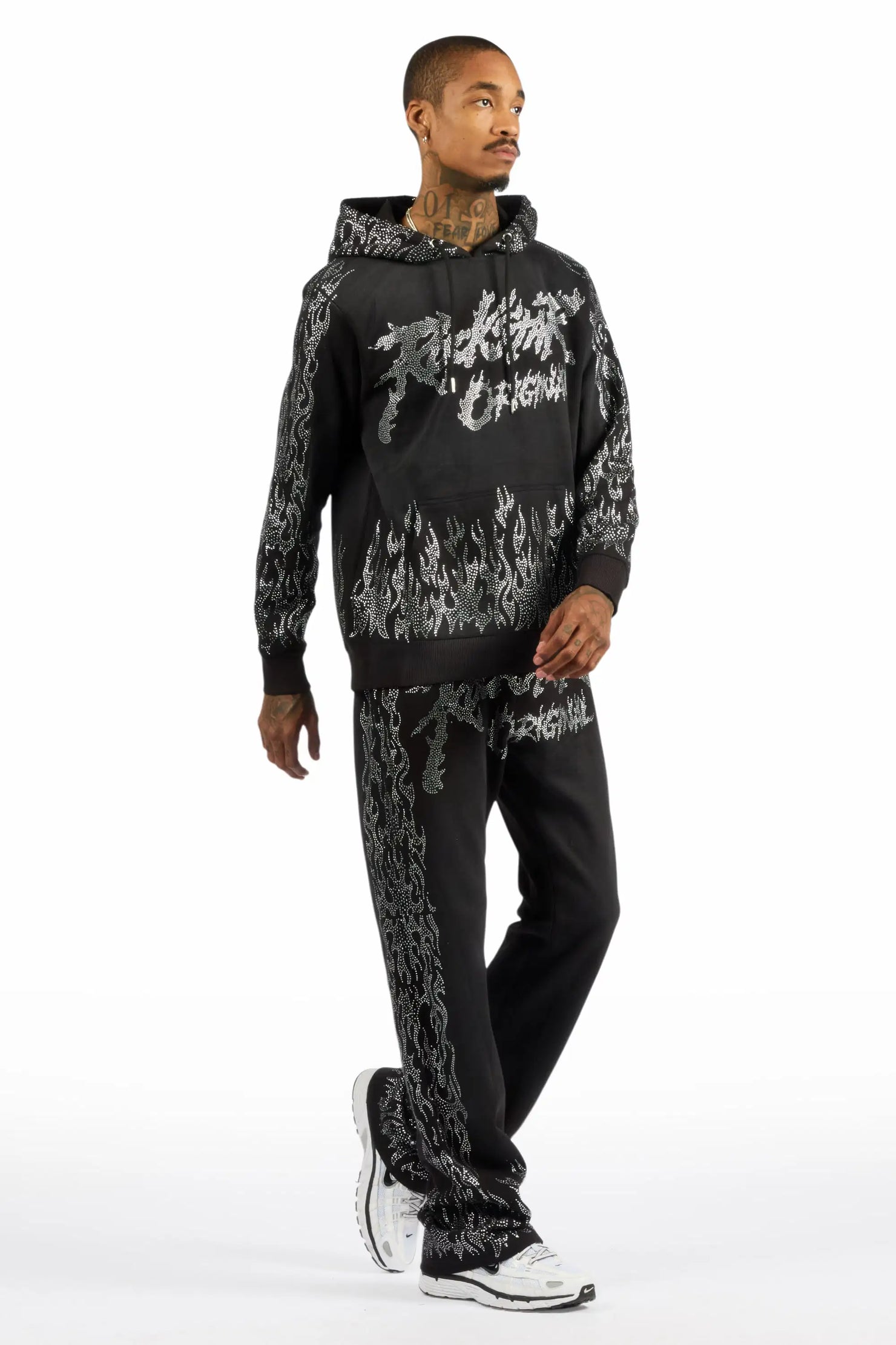 Bubble Black Rhinestone Stacked Flare Hoodie Track Set