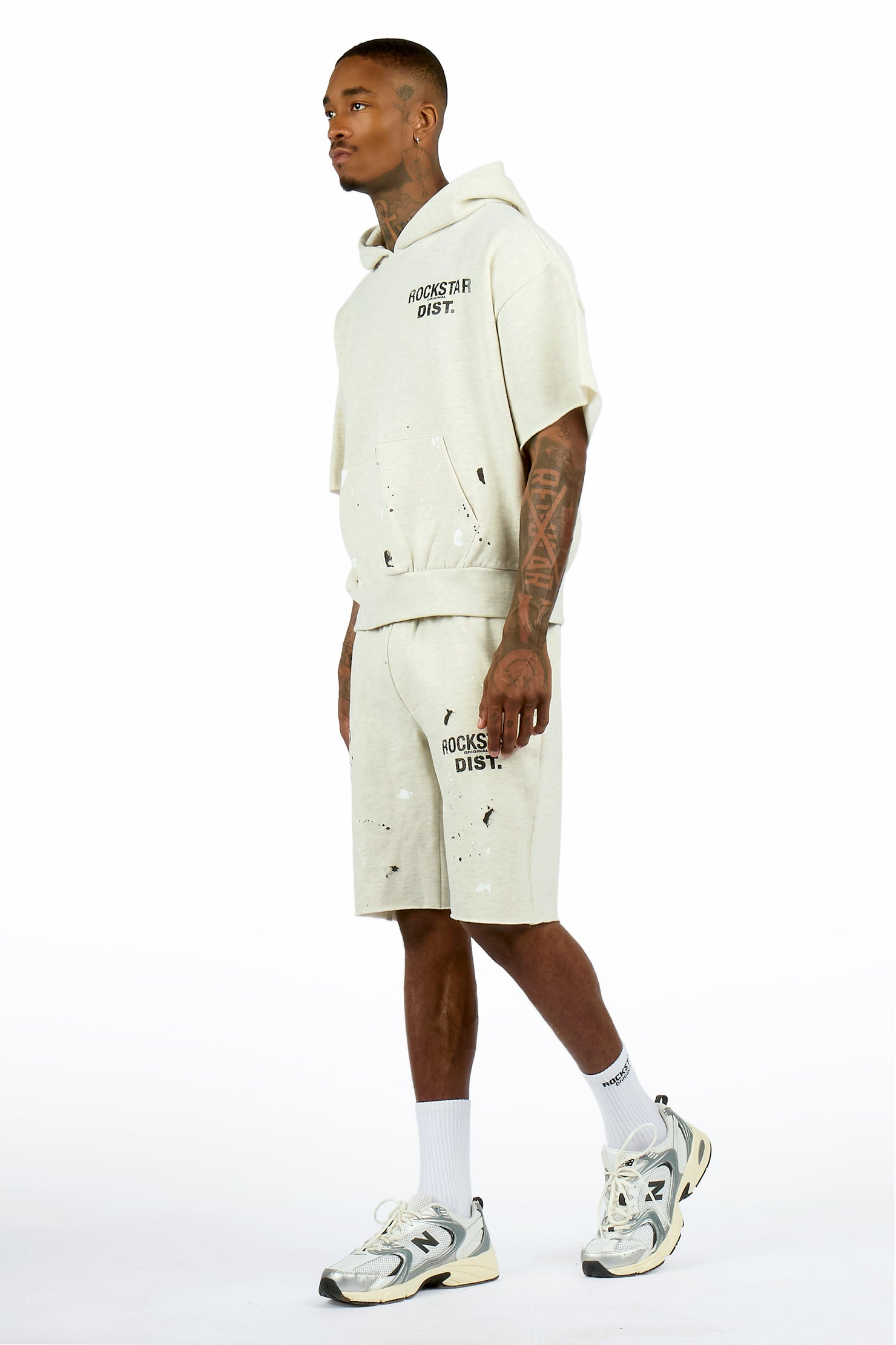 Raffer Light Oatmeal Cut Sleeve Hoodie Short Set