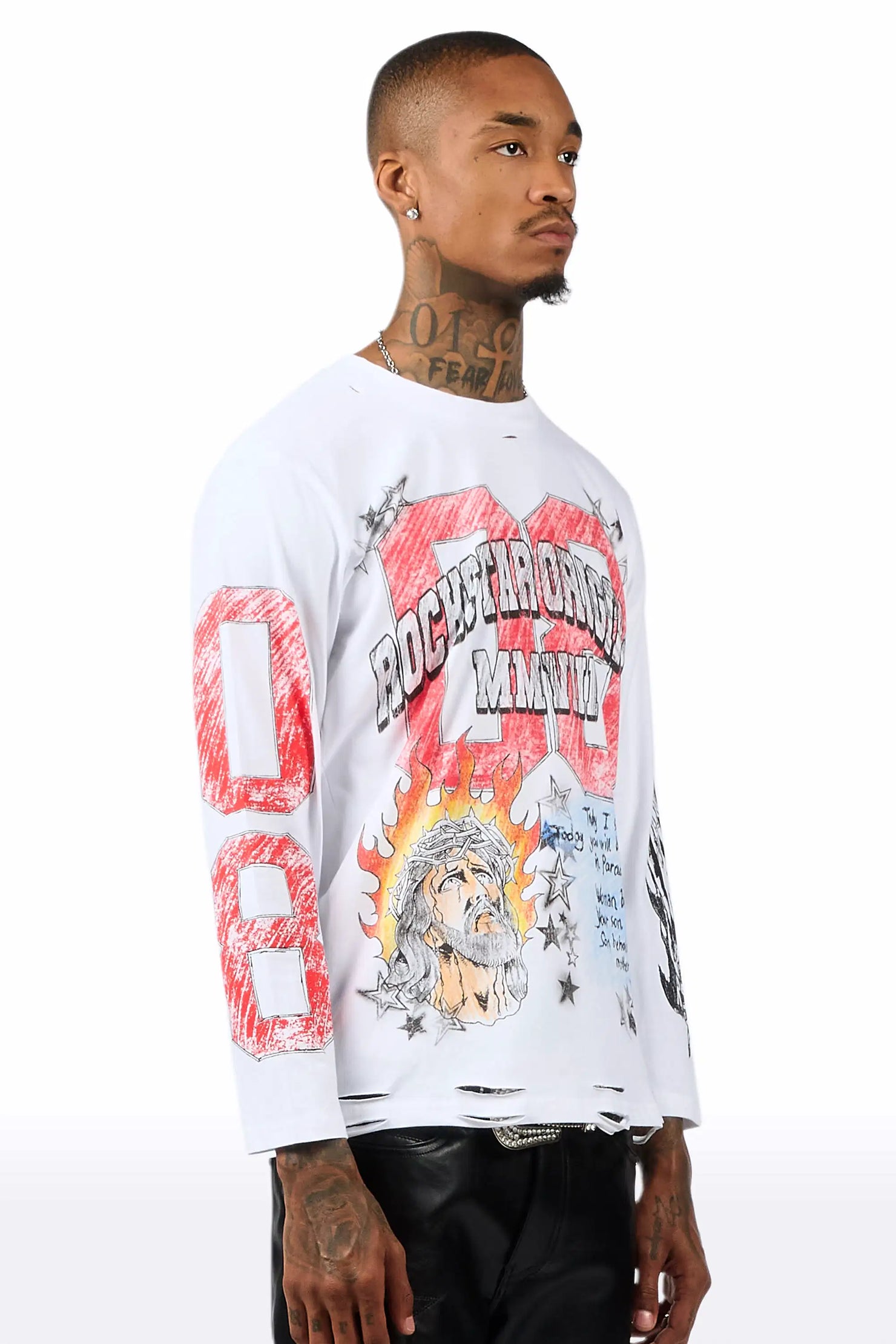 Jesus Crayon White Long Sleeve Graphic T-Shirt