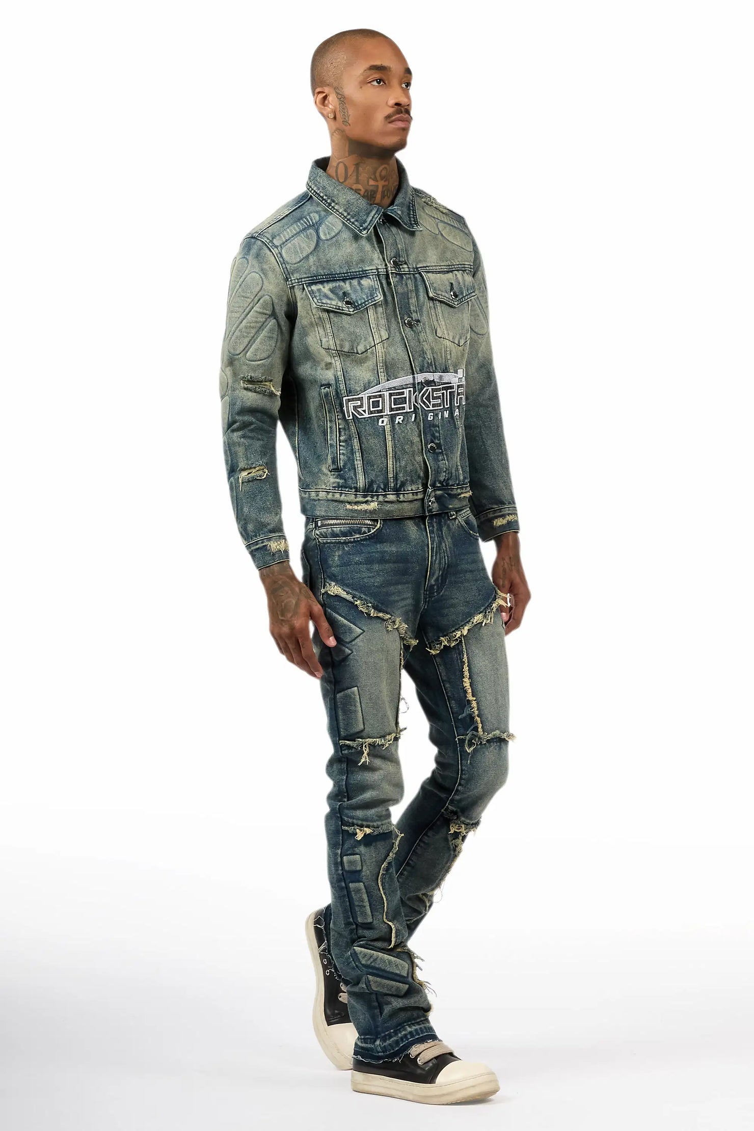 Throttle Blue Denim Jacket/Stacked Flare Jean Set