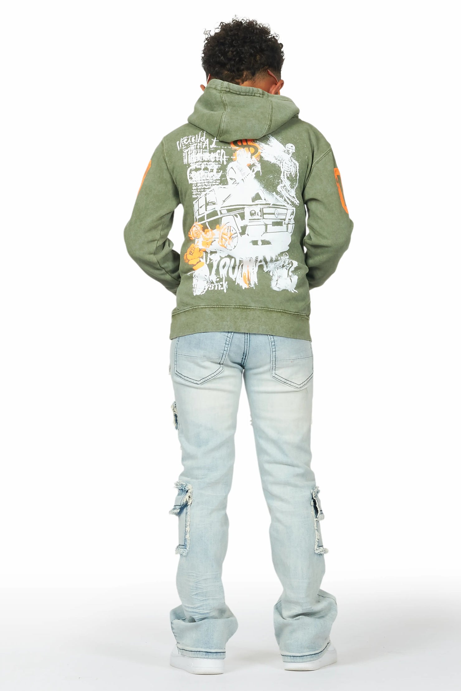 Boys Beau Vintage Green Hoodie/Stacked Flare Jean Set