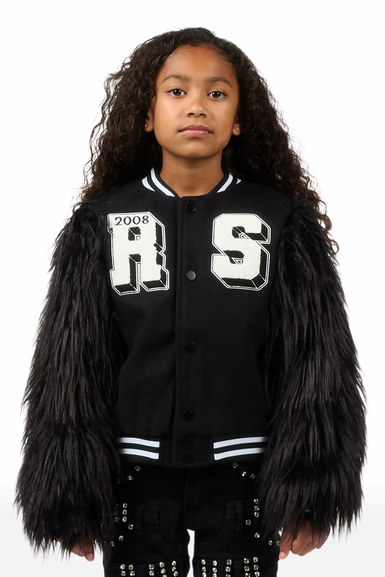 Girls Jameicia Black Fur Sleeve Varsity Jacket