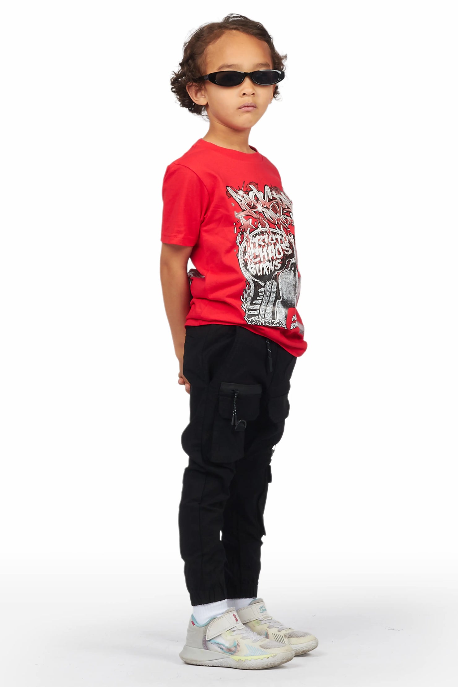 Boys Zach Red/Black Oversized T-Shirt Cargo Pant Set