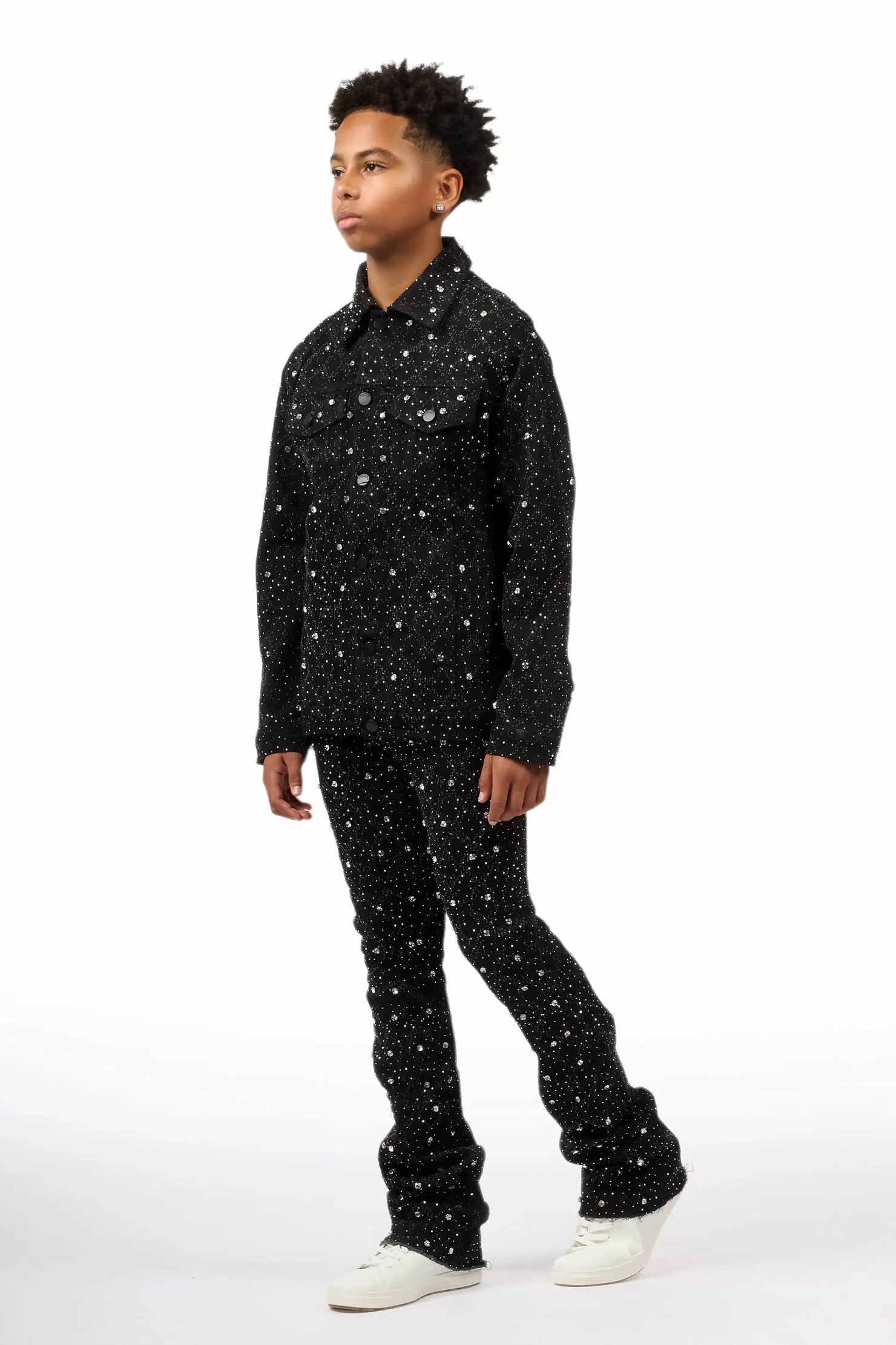 Boys Sareka Black Rhinestone Denim Jacket & Sareka Stacked Jean Set