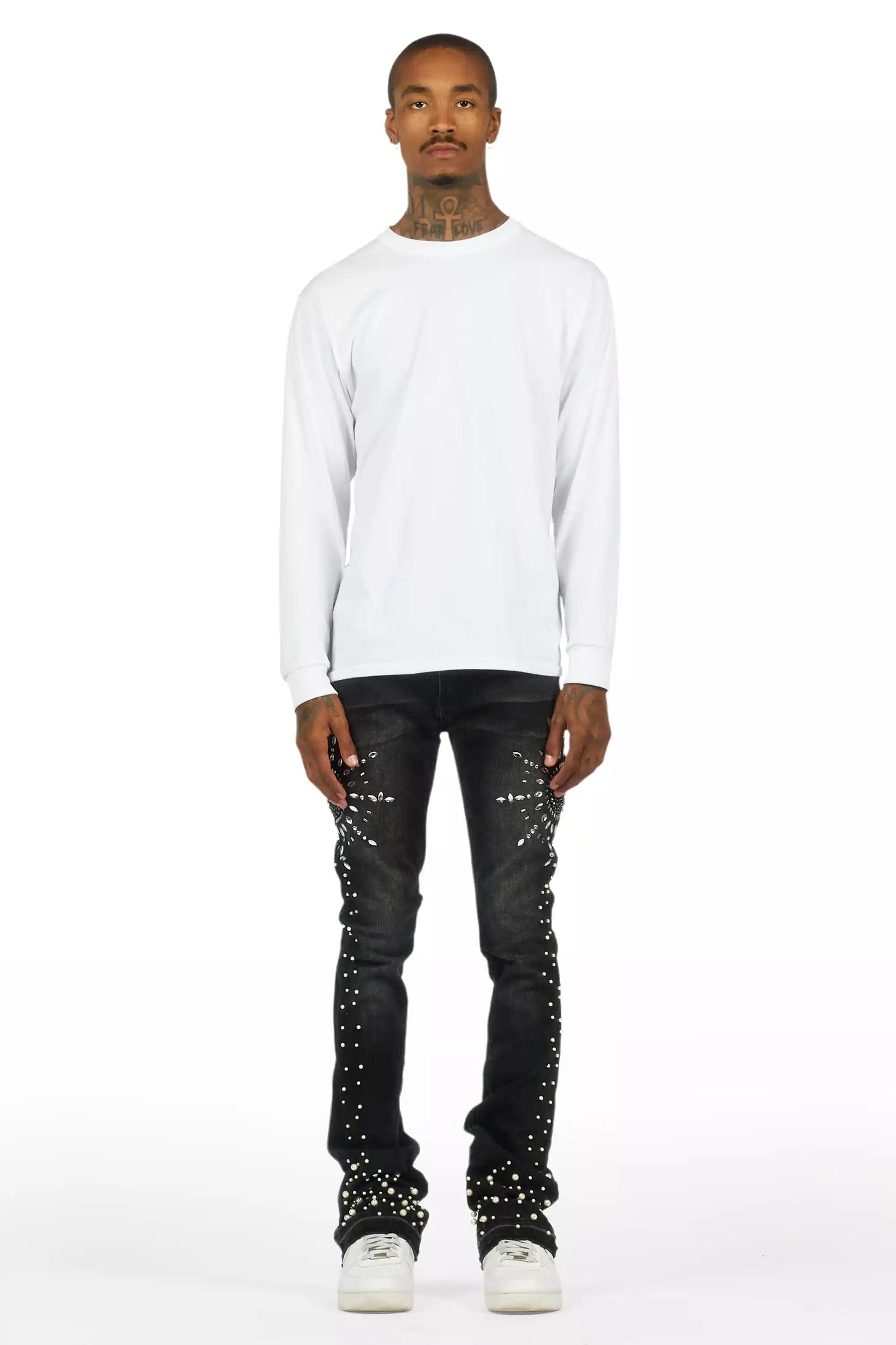 Tryst Dark Grey Rhinestone Stacked Flare Jean