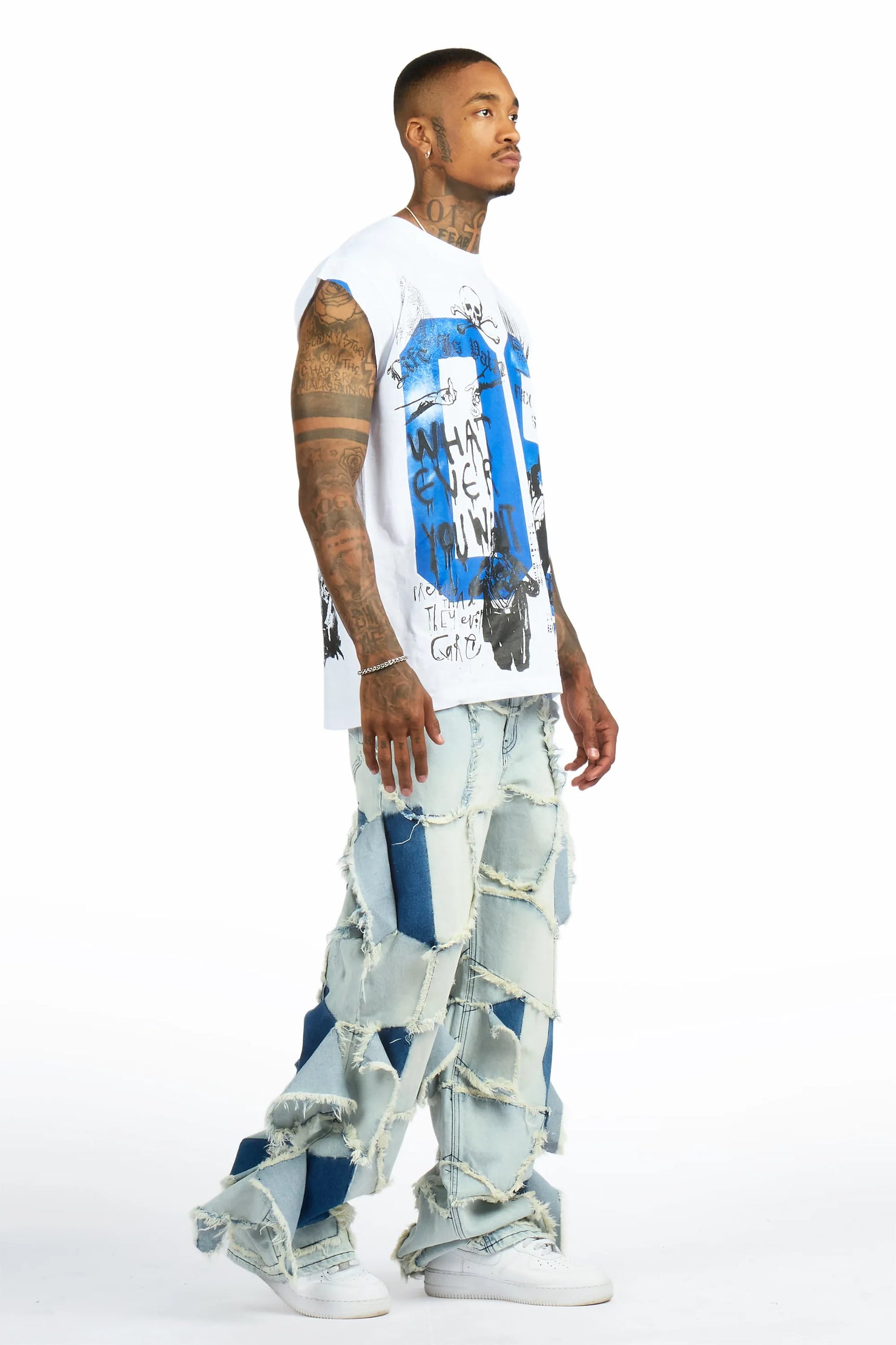 Grill 3.0 White/Blue Oversized Graphic T-Shirt & Jacomus Baggy Fit Jean Set