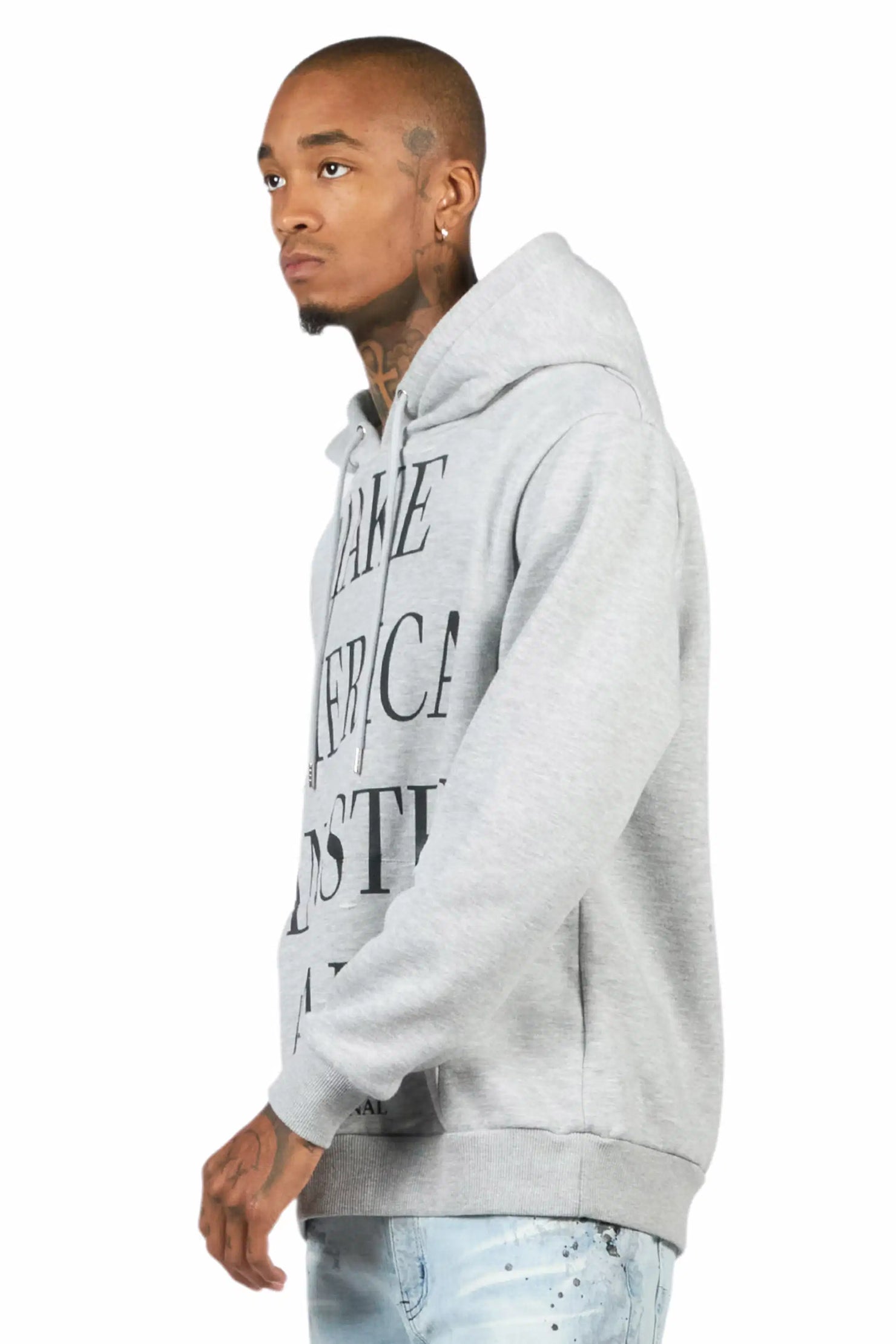 Drako Heather Grey Graphic Distressed Relaxed Hoodie
