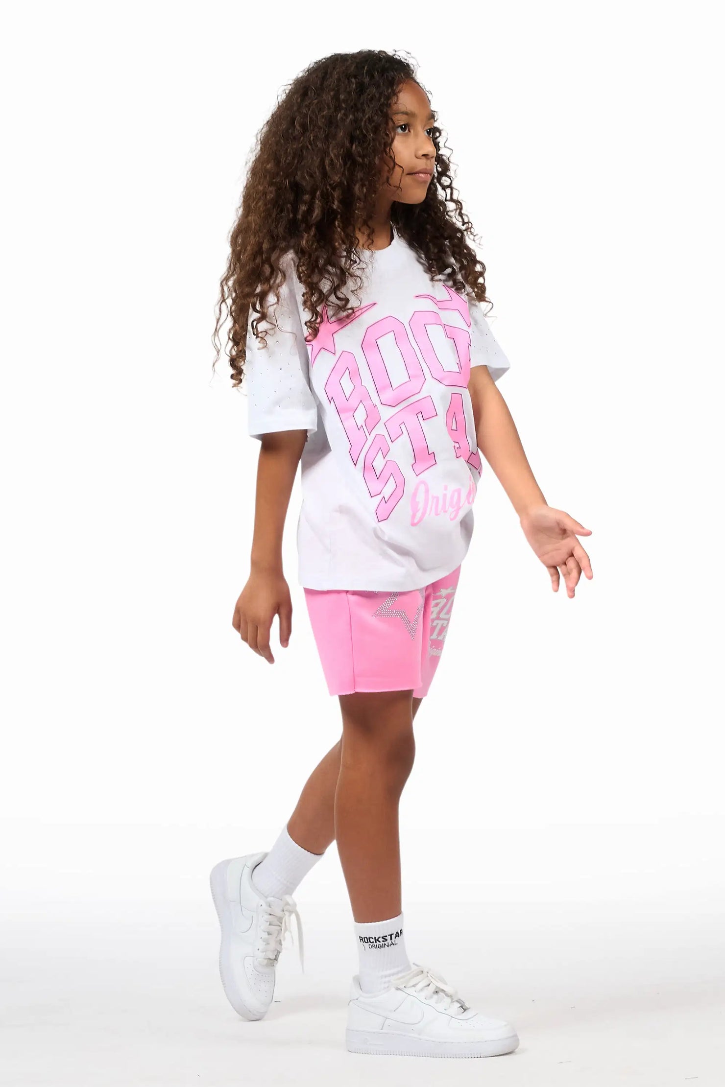 Girls Flaveya White/Pink Rhinestone T-Shirt Short Set