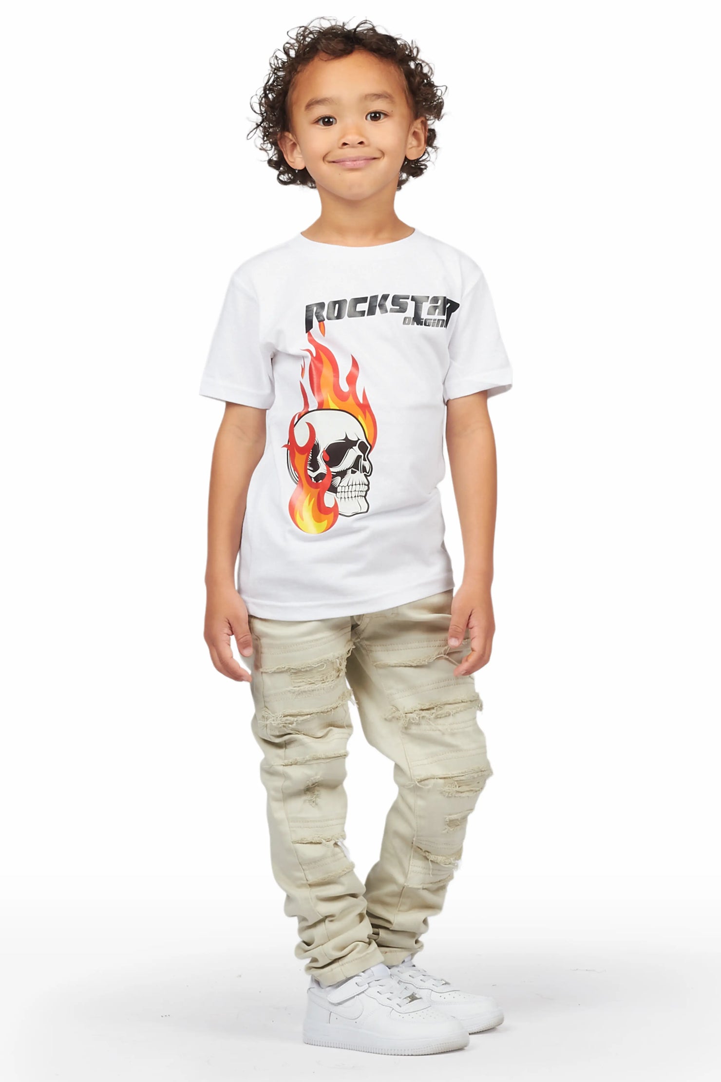 Boys Tahir White T-Shirt/Skinny Frayed Jean Set
