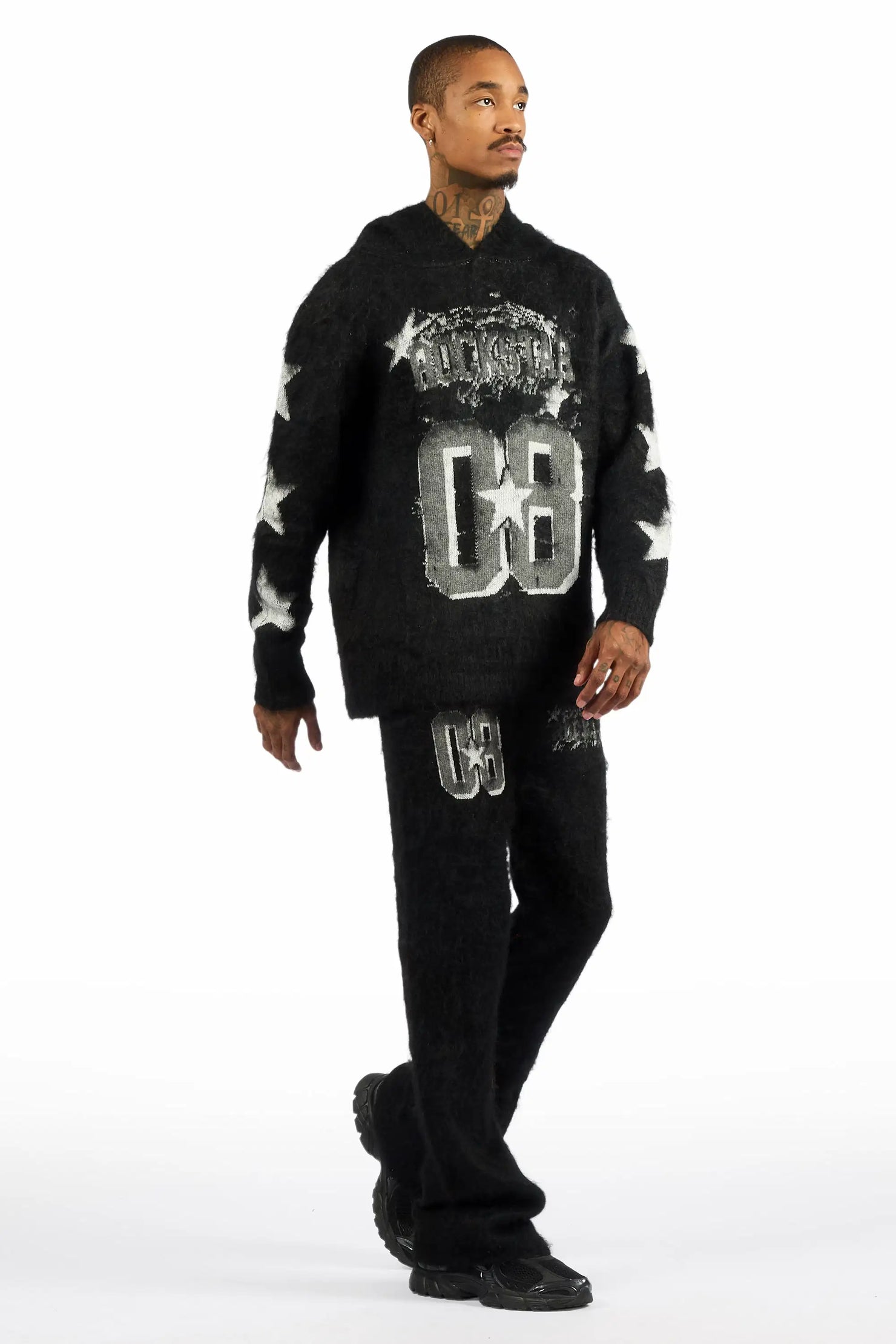 Allstar Black Hoodie Stacked Flare Knitted Mohair Track Set