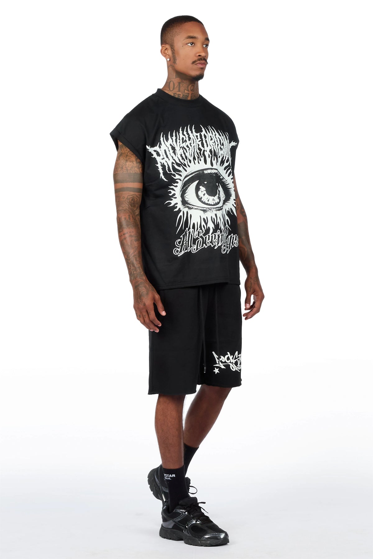 All Seeing Eyes Black Cut Sleeve Short Set