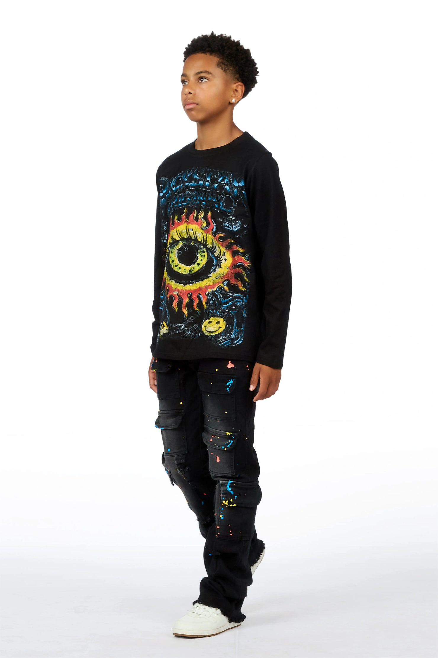 Boys Storm Black Long Sleeve T-shirt Painter Stacked Jean Set