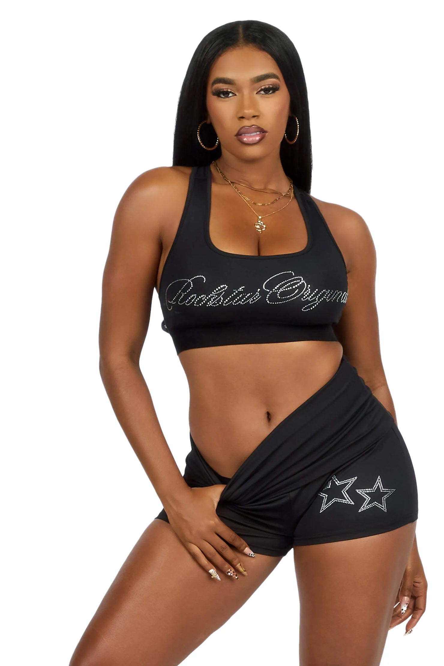 Arieona Black Rhinestone Sports Bra Foldover Short Set