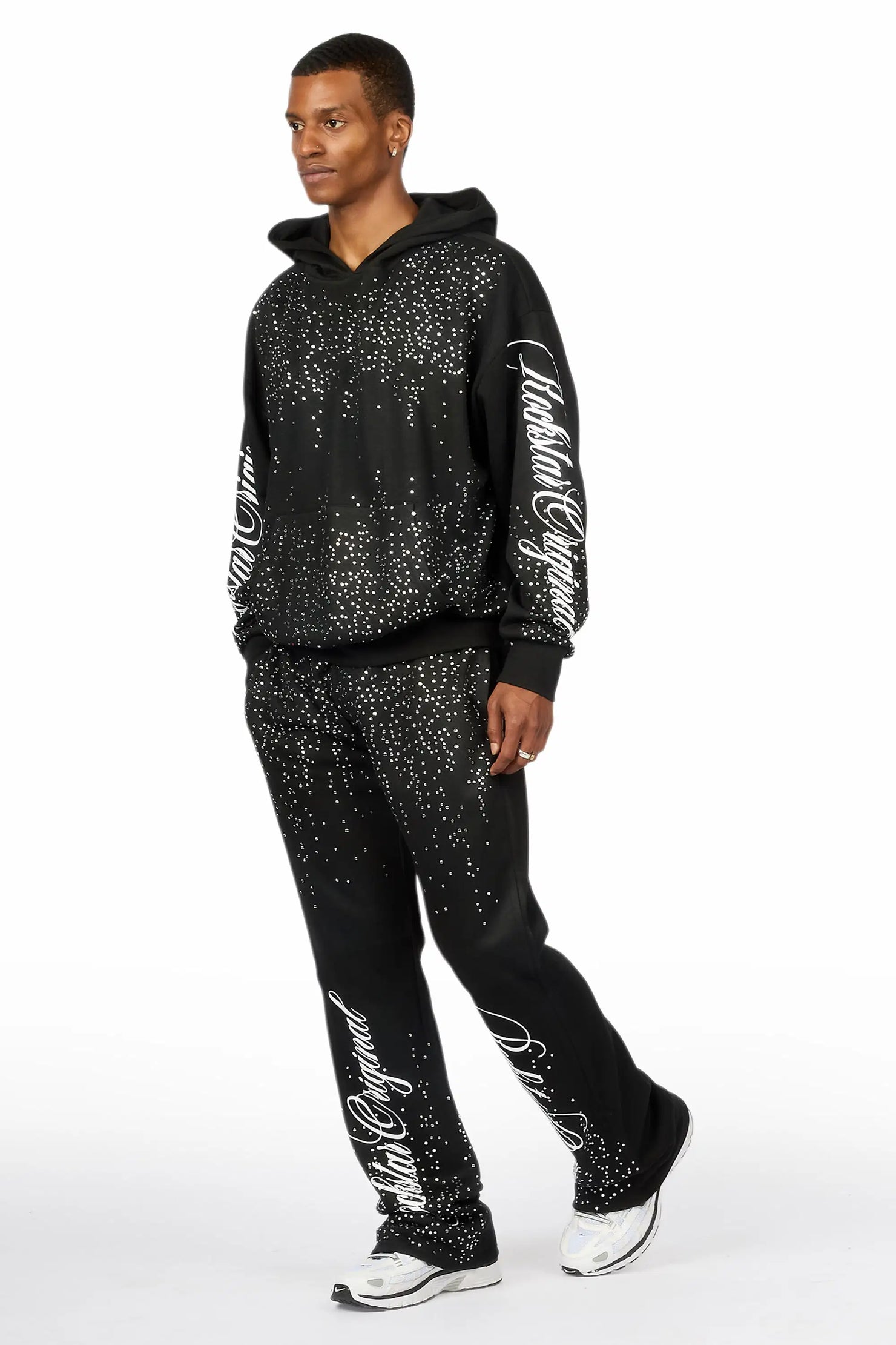 Strayce Black/White Rhinestone Hoodie Relaxed Track Set