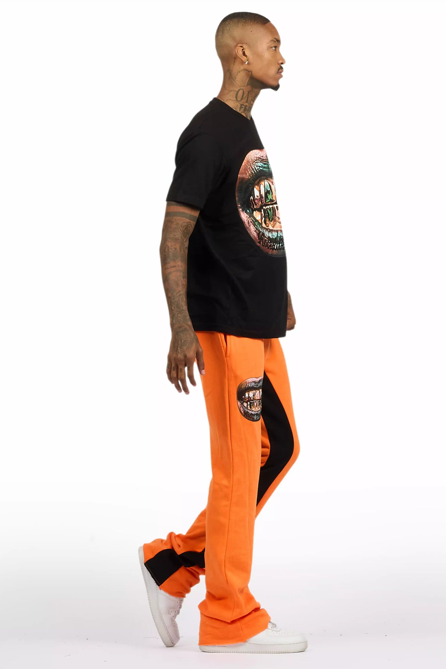 Darce Black/Orange T-Shirt/Stacked Baggy Track Pant Set