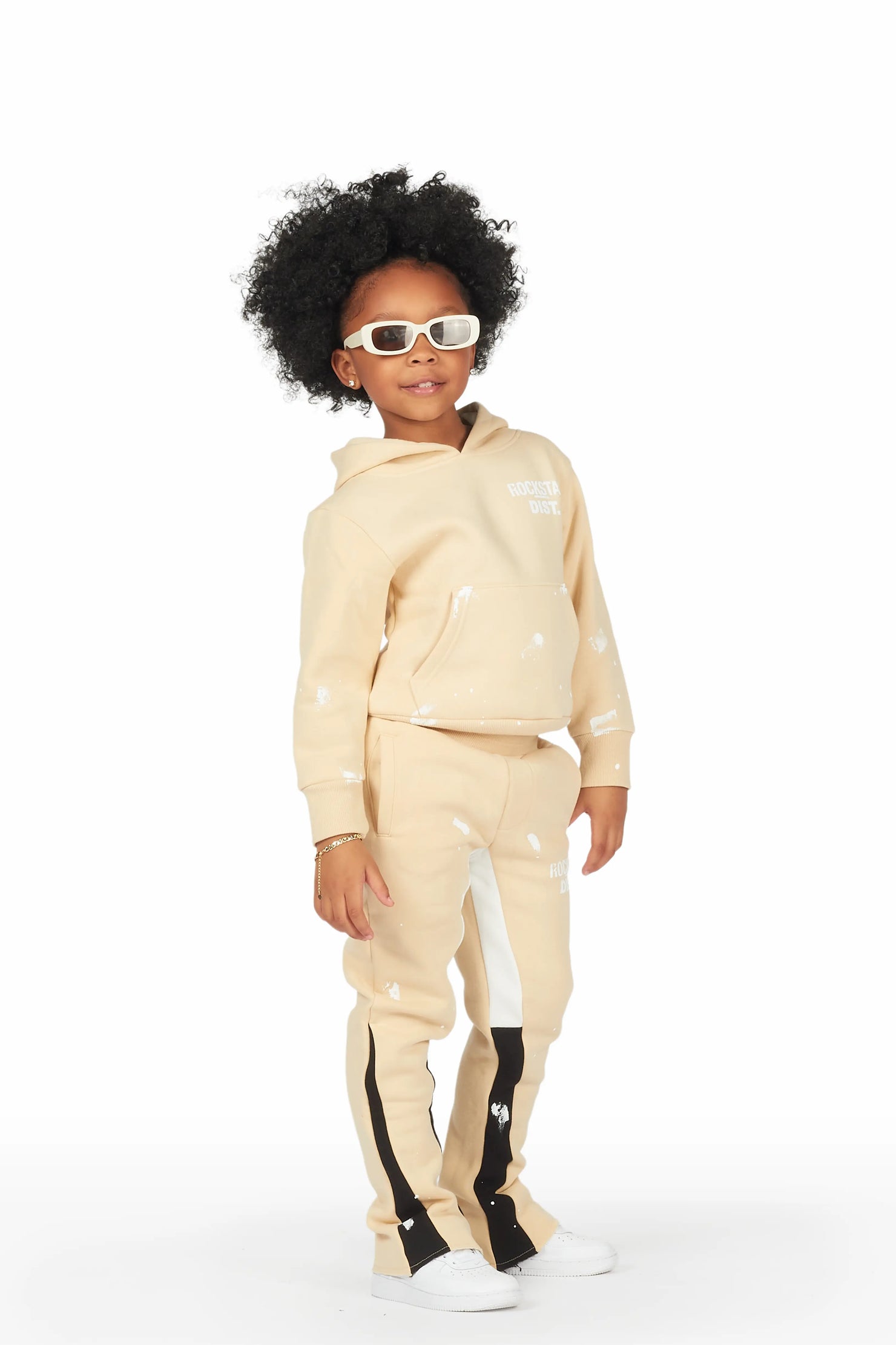 Girls Hadley Beige/Black Hoodie Stacked Flare Track Set
