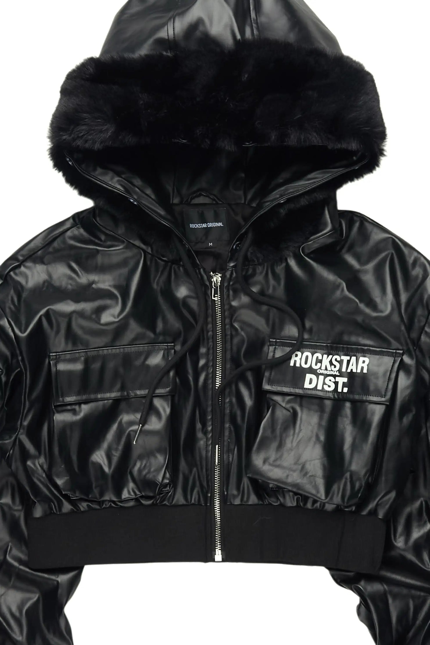 Amyia Black PU Jacket With Fur Hood