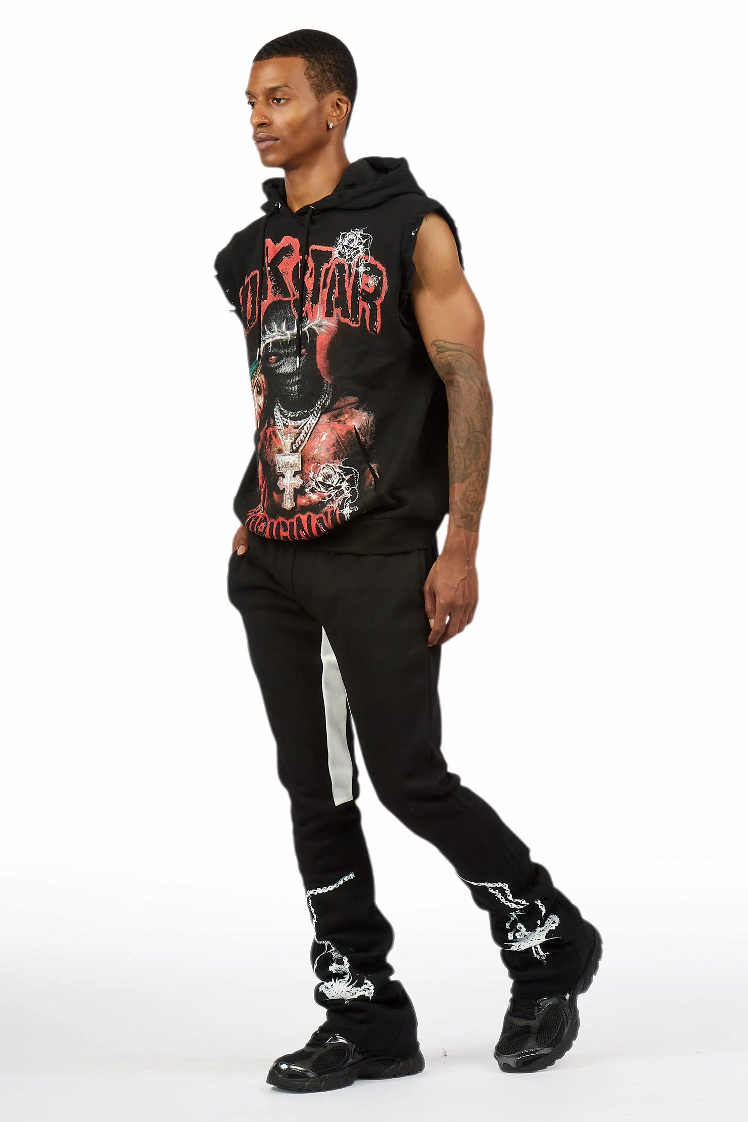 Vontae Black/Red Cut Sleeve Hoodie/Stacked Flare Track Set