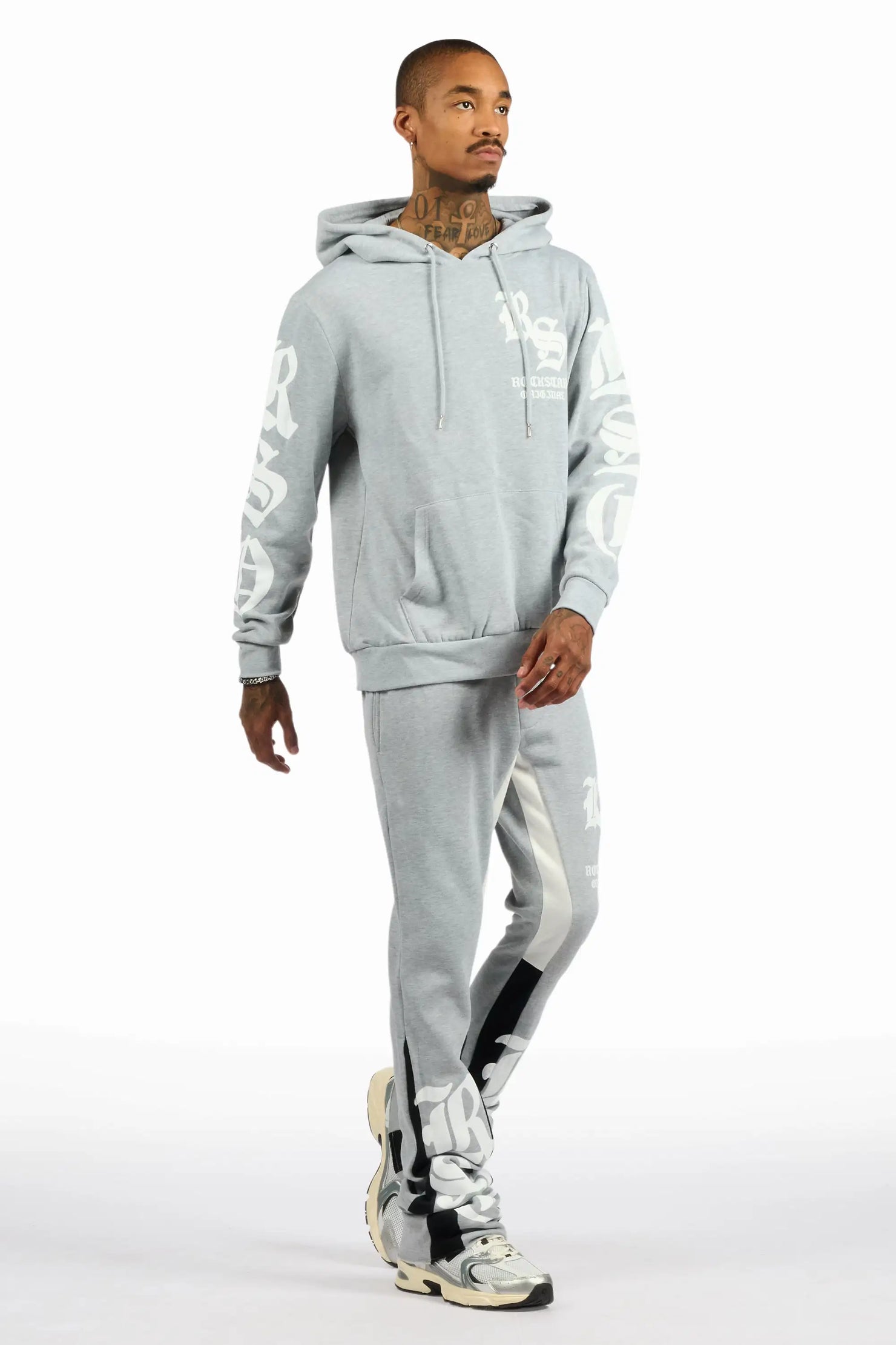 Hedeon Heather Grey/White Hoodie/Stacked Flare Track Set