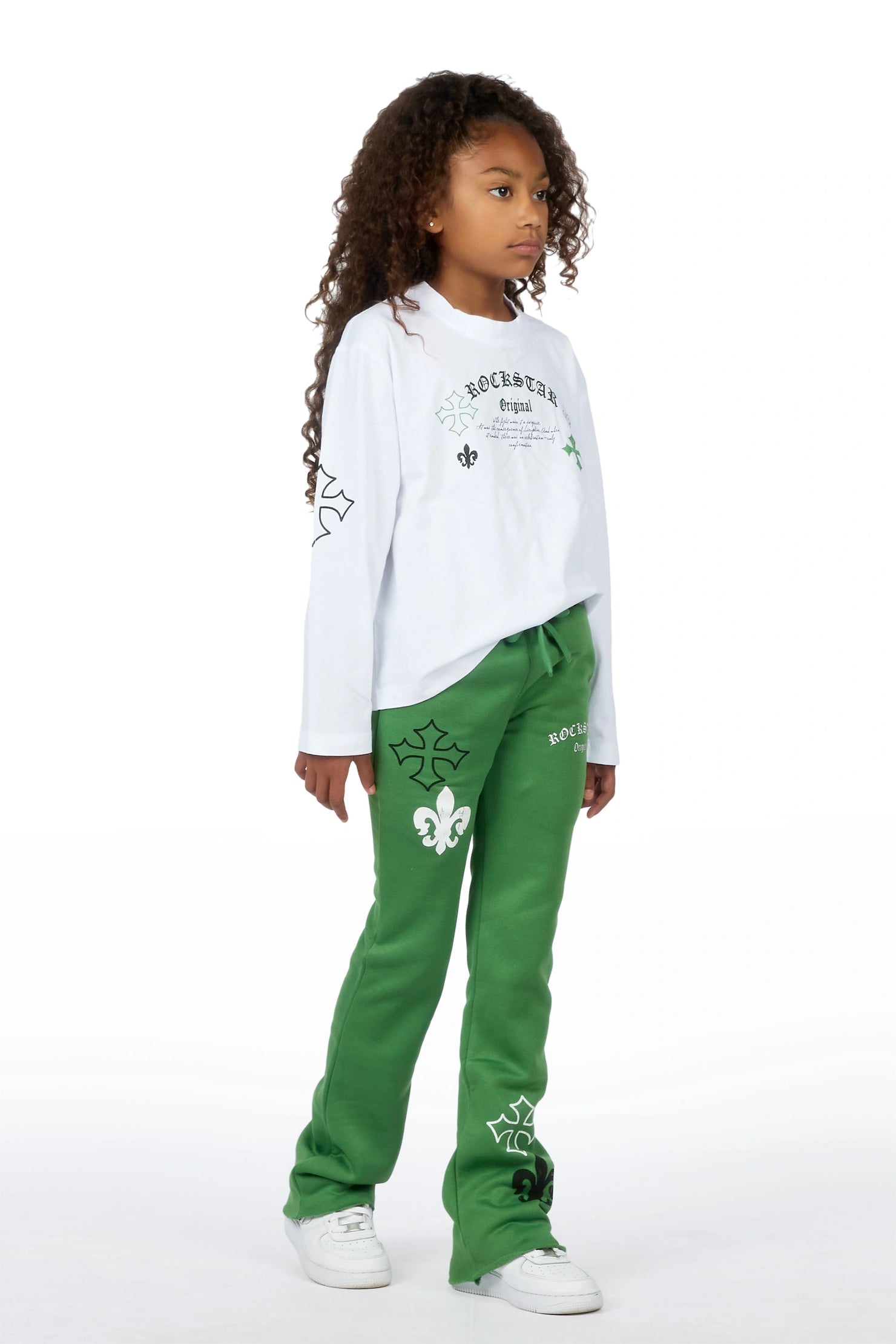Girls Deshunique White/Olive Long Sleeve T-Shirt Track Set