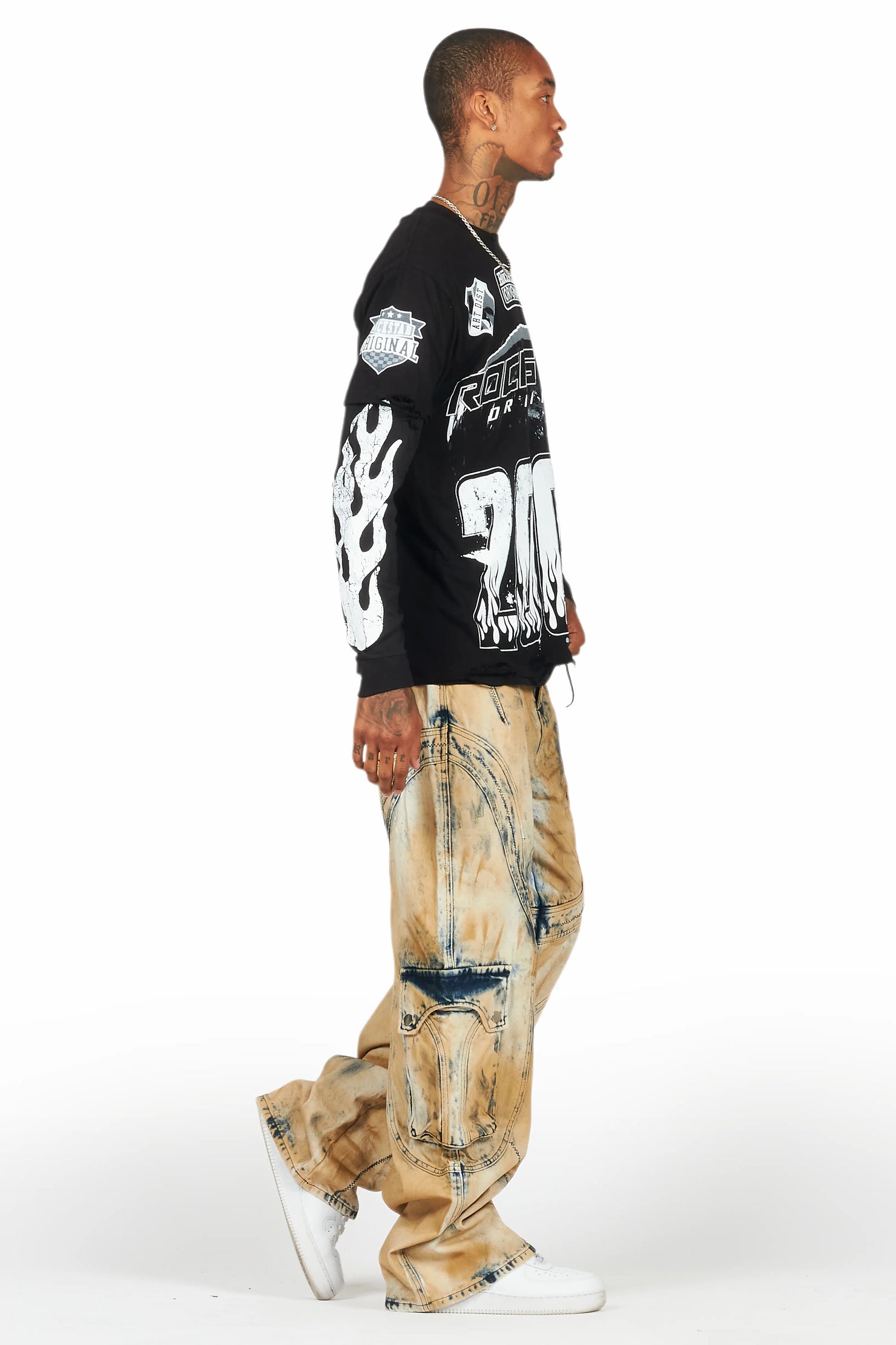 Amos Black/White Double Layer Long Sleeve Graphic T-Shirt