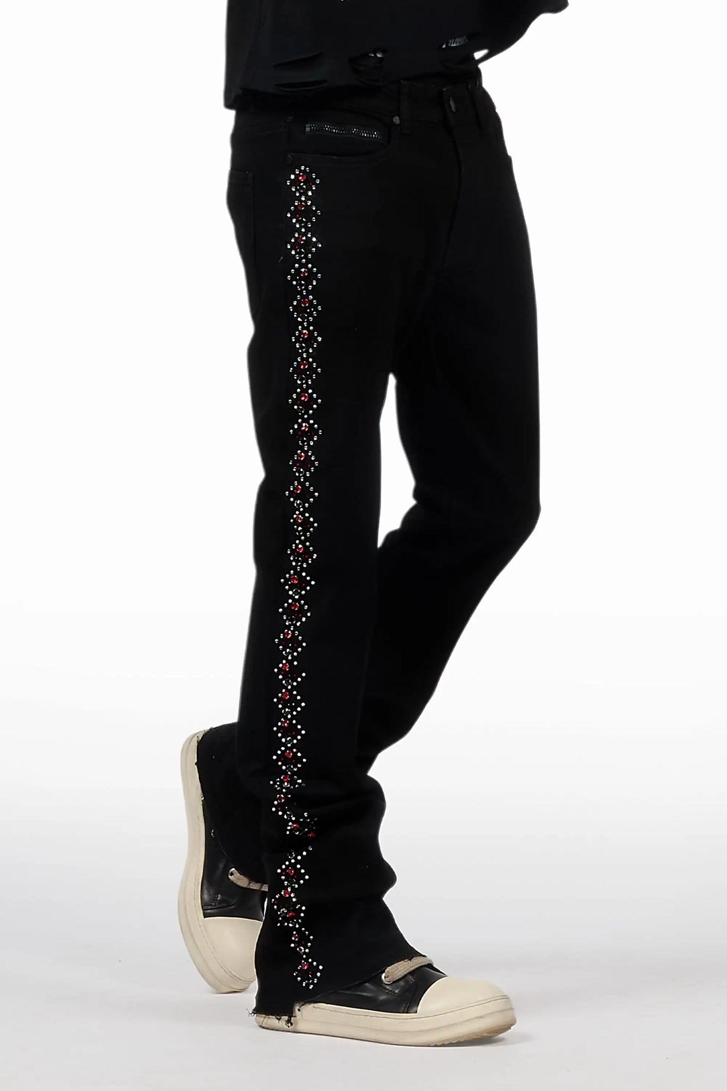 Ozi Rhinestone Black Stacked Flare Jean