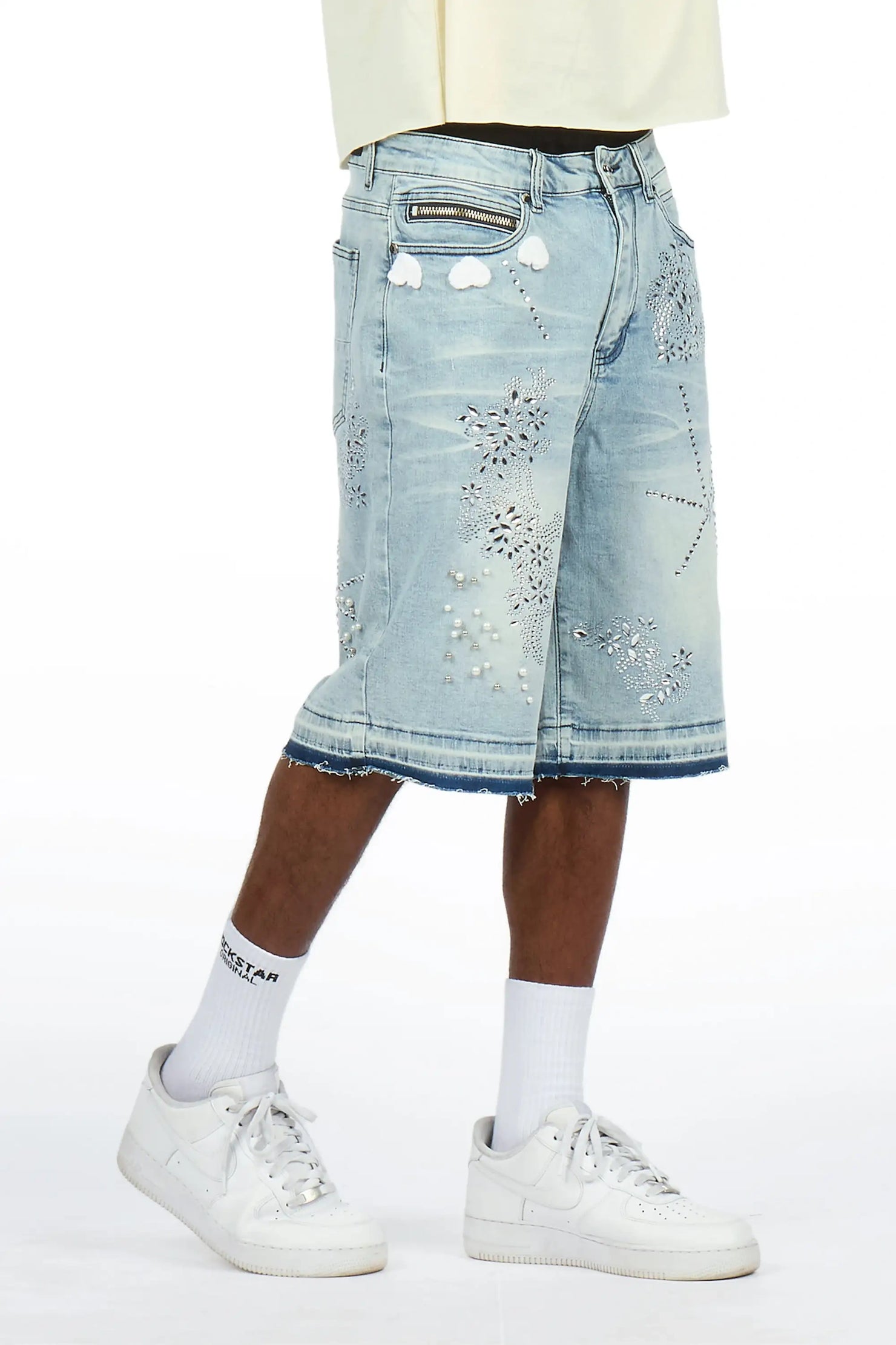 Rael Light Blue Rhinestone Denim Short