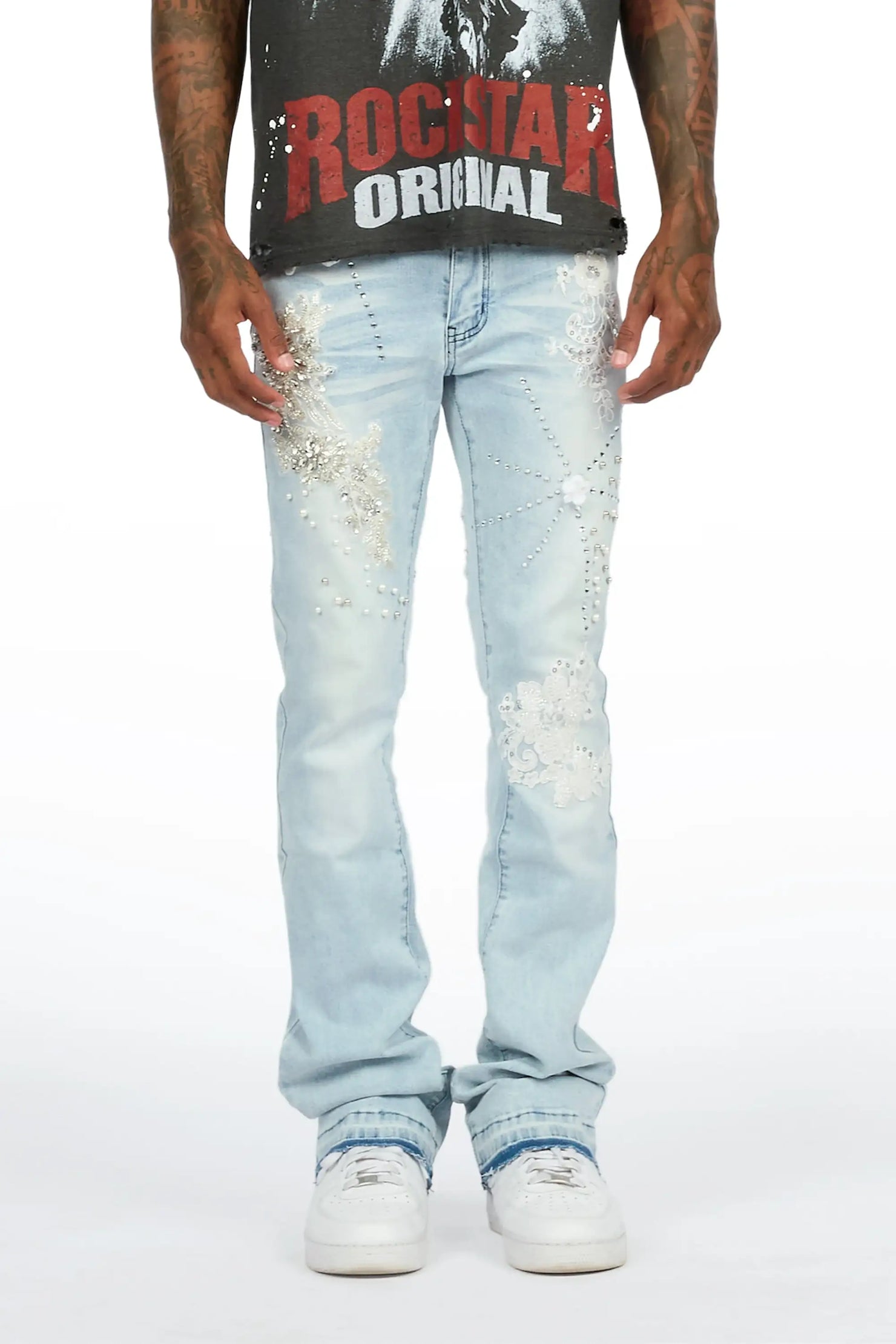 Yezen Light Blue Rhinestone Stacked Fit Jean