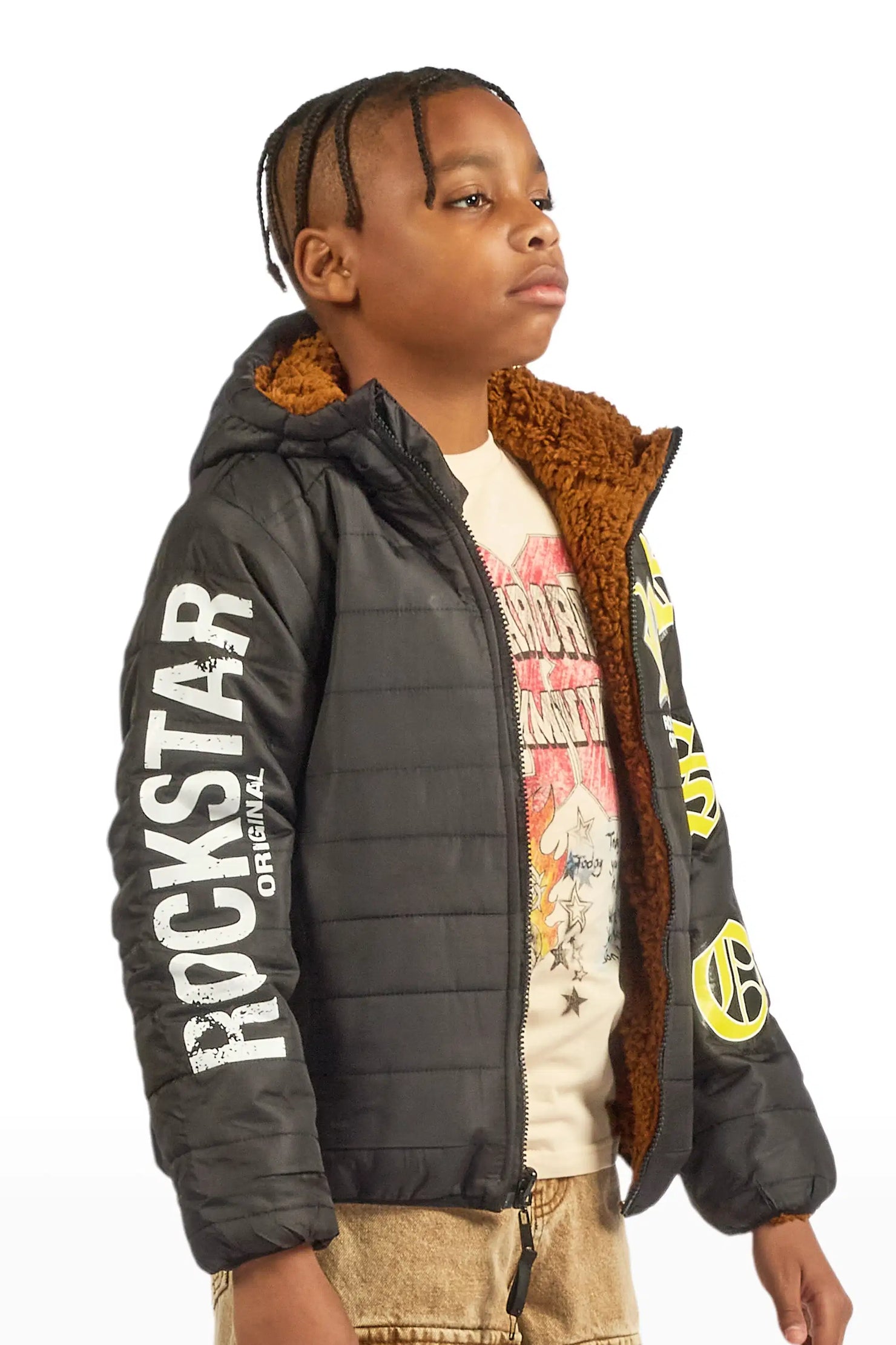 Boys Daegan Black/Brown Reversible Fur Puffer Jacket