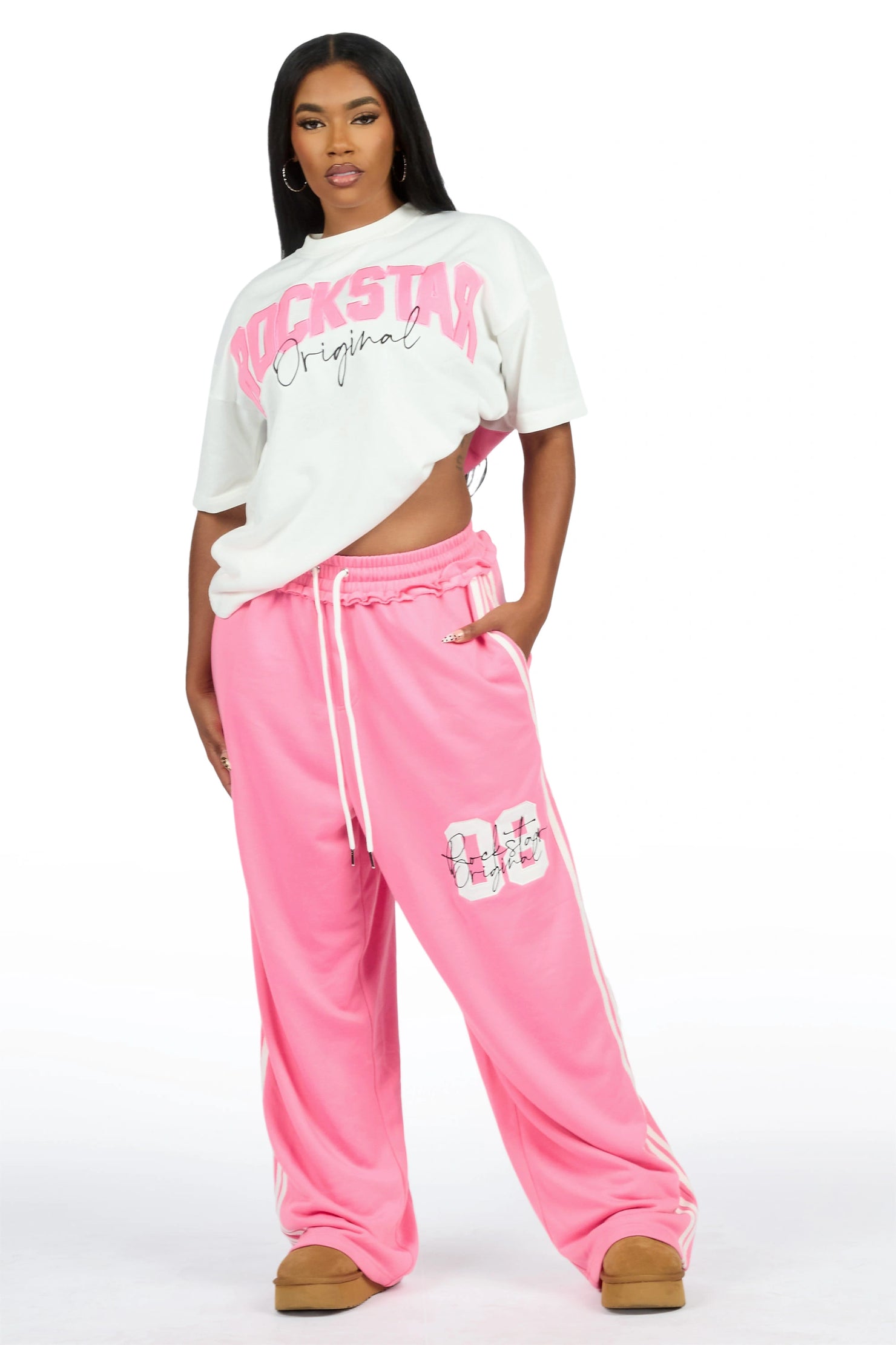 Cheyane White/Pink French Terry Chenille Tee/ French Terry Relaxed Track Set