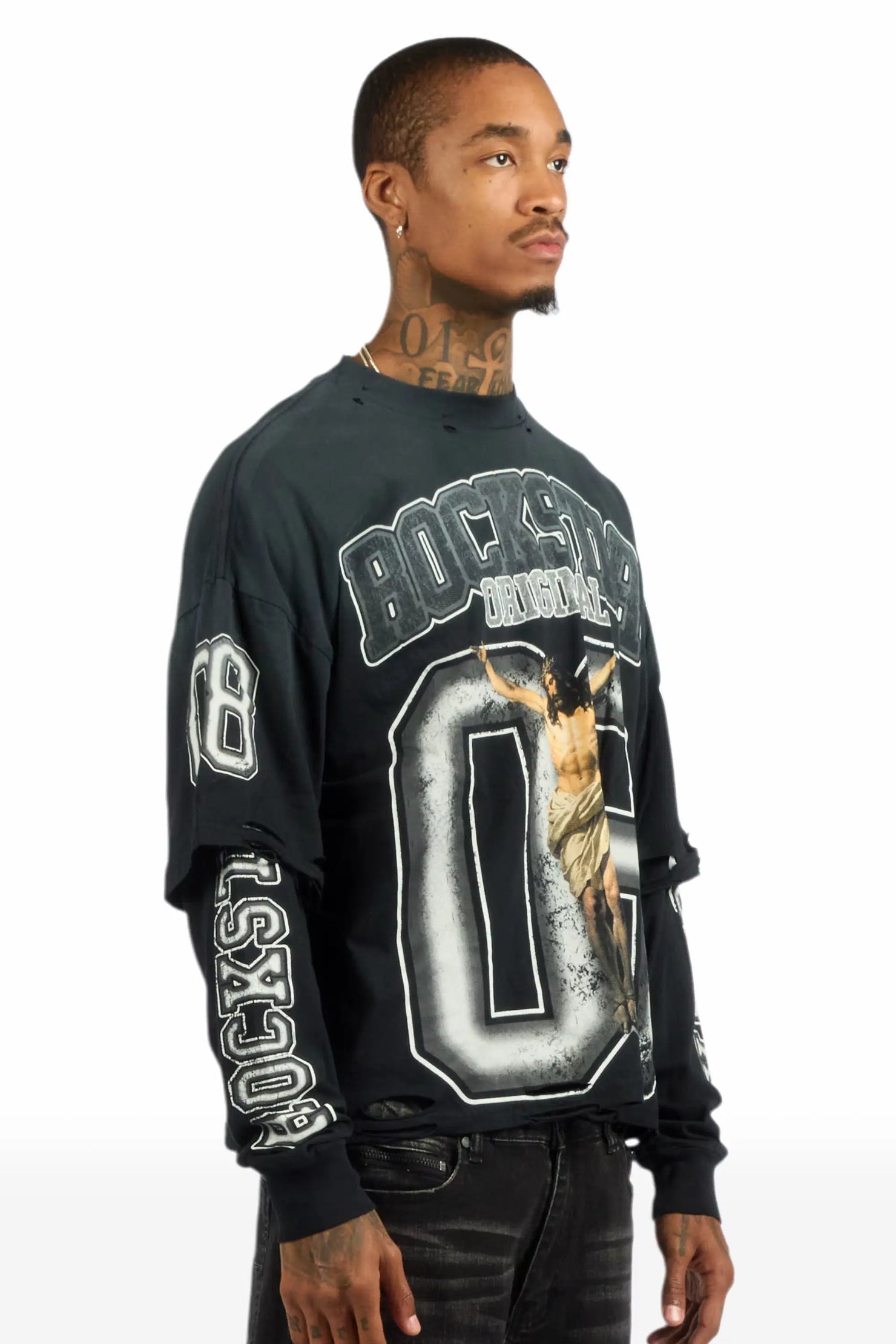 Fields Black/Grey Double Layer Long Sleeve Graphic T-Shirt