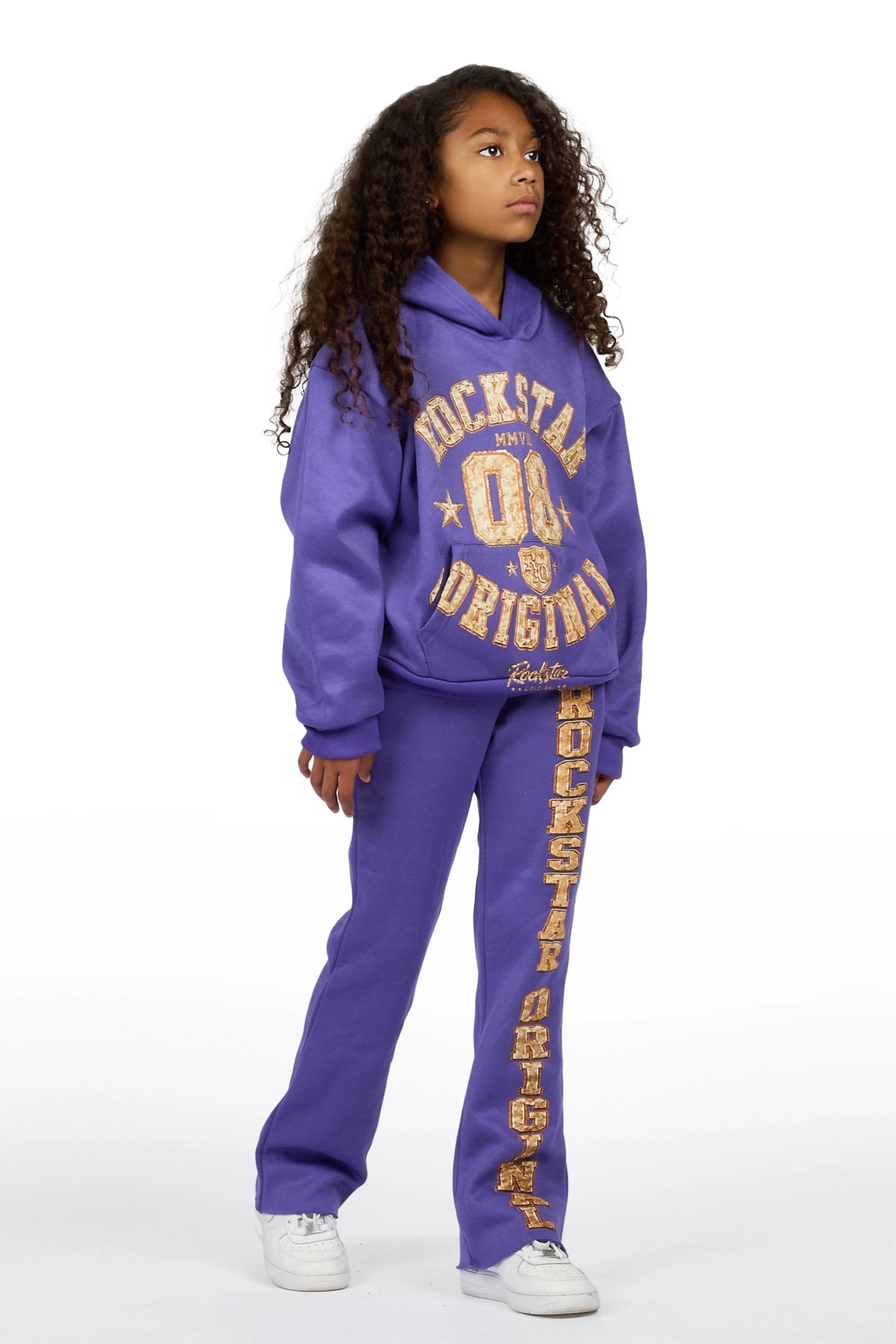 Girls Atrameny Purple/Cream Stacked Hoodie Track Set