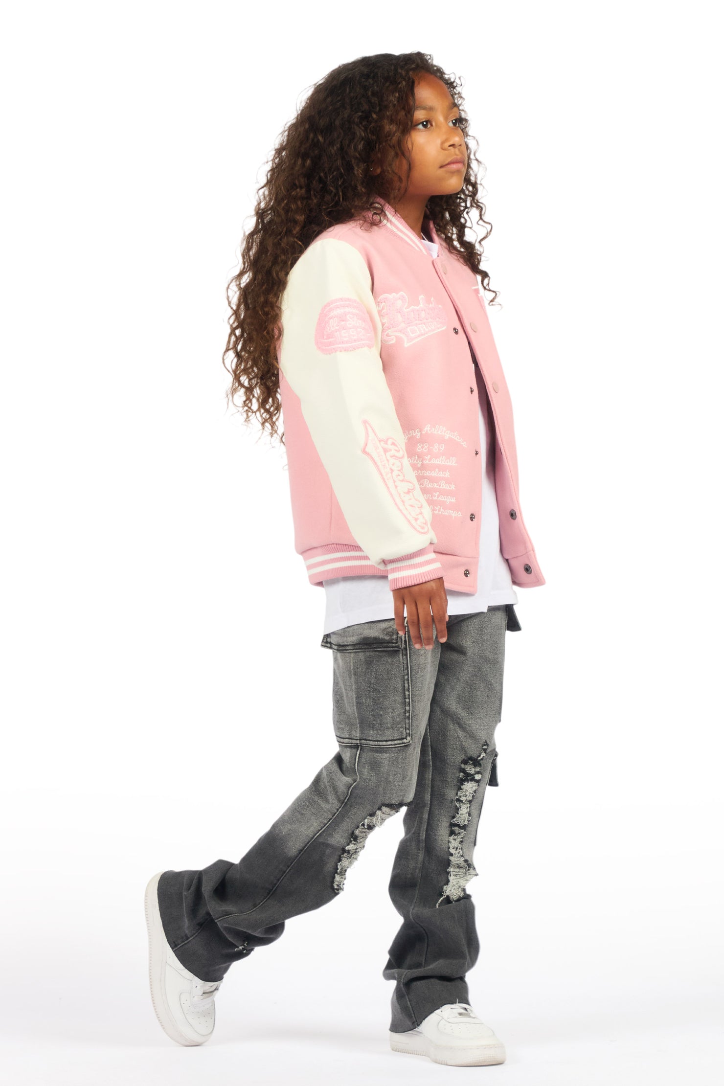 Girls Rosalyn Pink/White Varsity Jacket