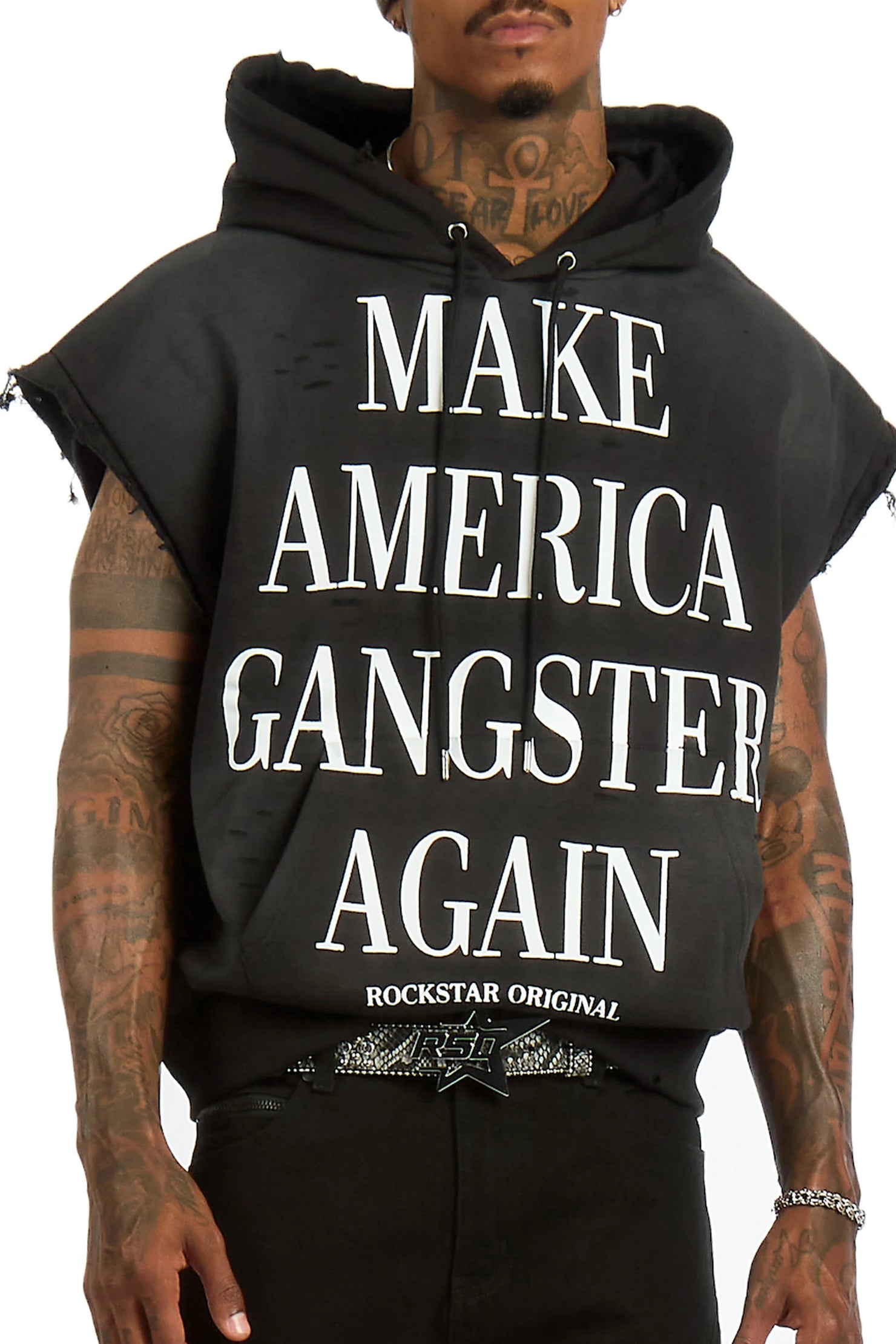 Drako Black Graphic Distressed Cut Sleeve Hoodie