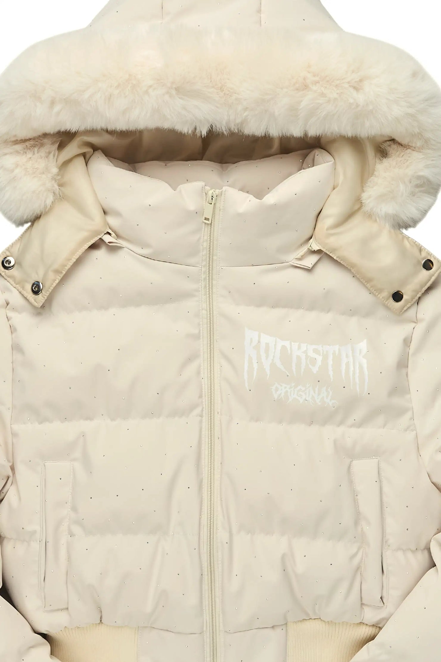 Gabrielle Beige Rhinestone Puffer Jacket With Fur Hood