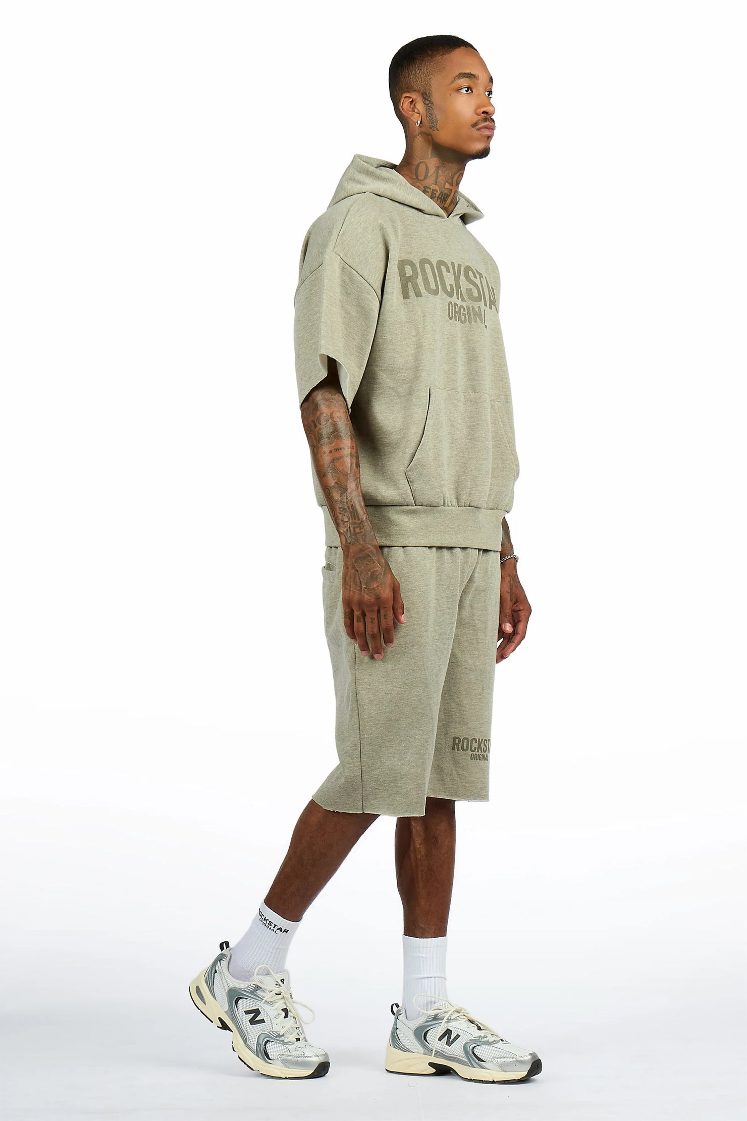 Sana Dark Oatmeal Cut Sleeve Hoodie Short Set