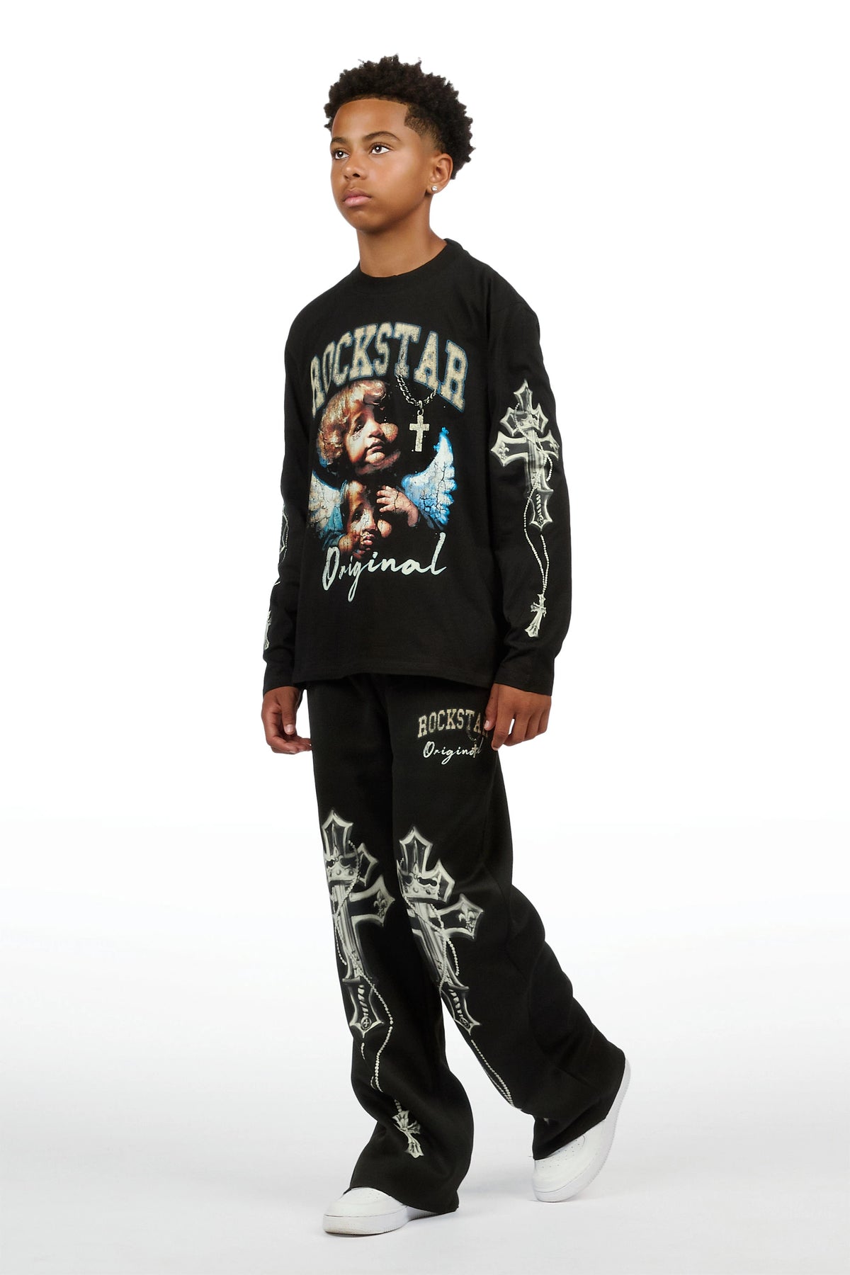 Boys Deiter Black/Black Long Sleeve  Graphic T-Shirt Track Set