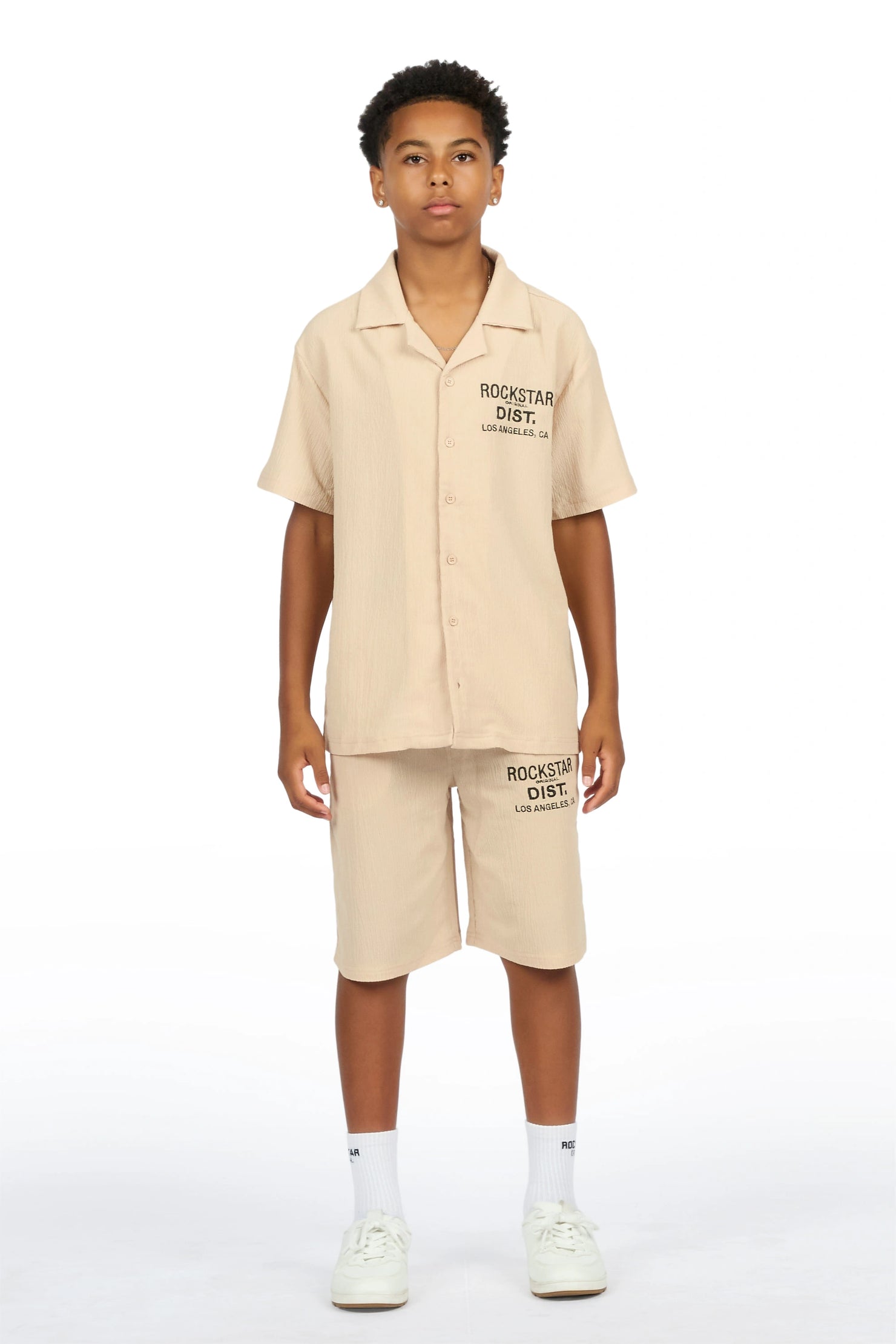 Boys Kason Beige Button Down Shirt/Short Set