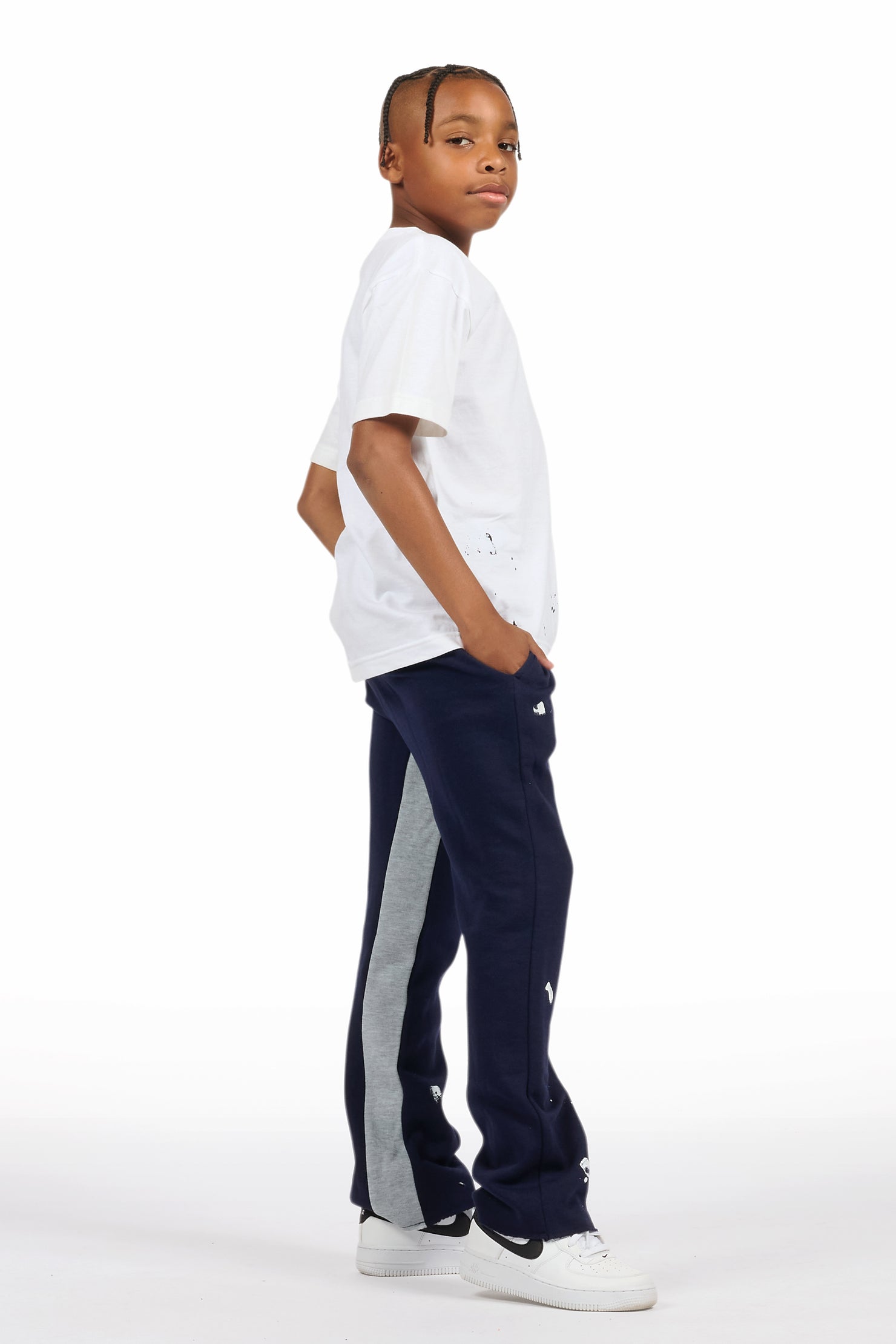 Boys Raffer White/Navy T-Shirt/Baggy Stacked Pant Set