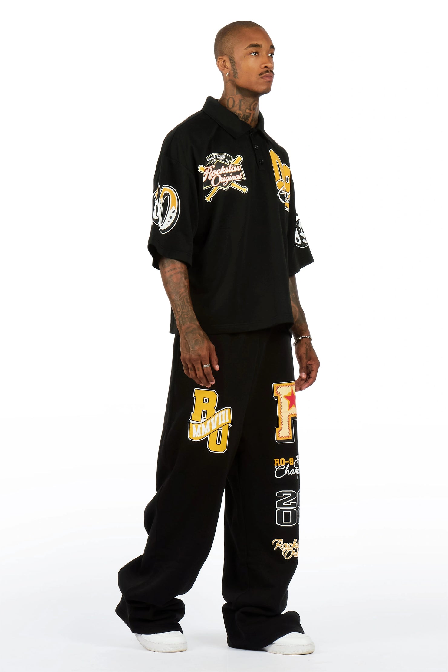 Forbidden Black Crop Boxy Polo/Fleece Baggy Track Set