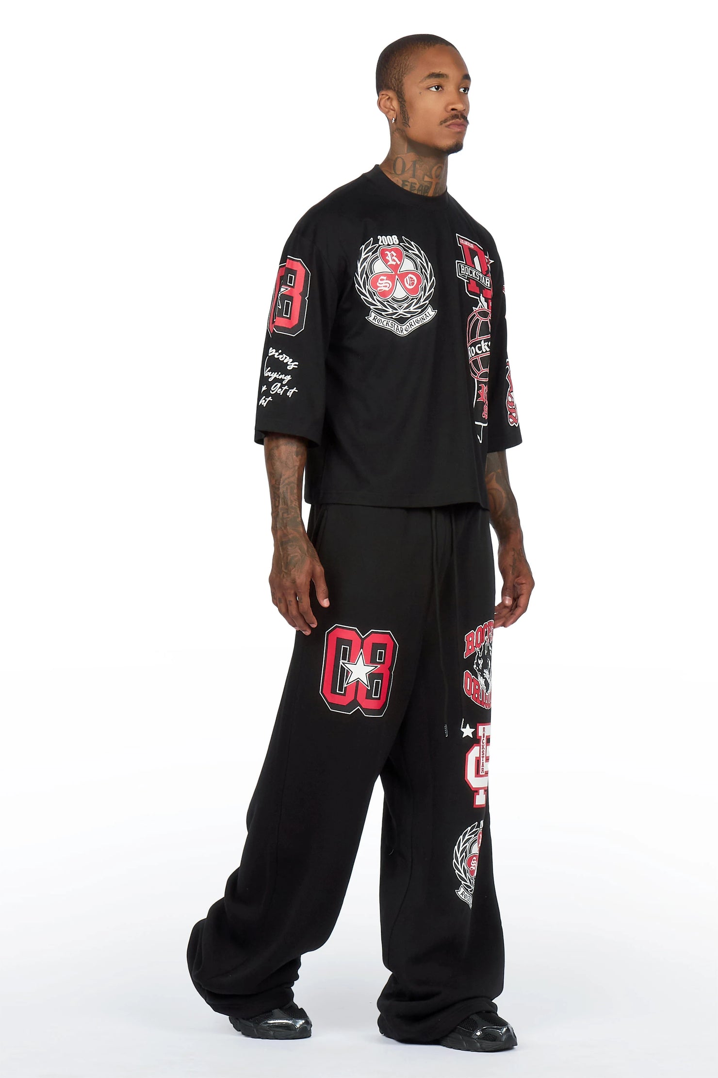 Gallant Black 3/4 Crop Boxy Tee/ Fleece Baggy Pant Track Set