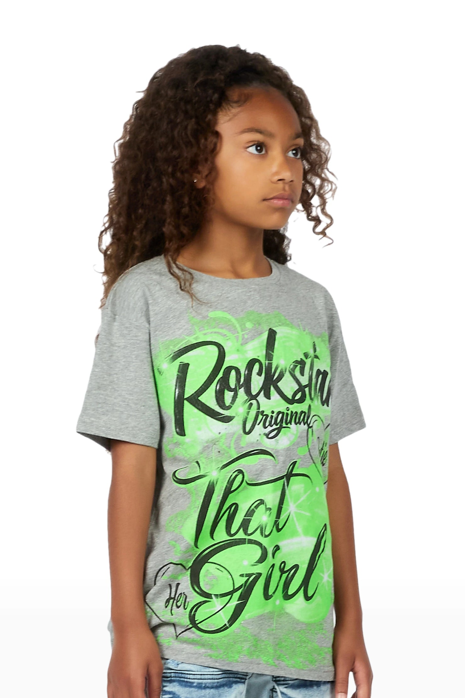 Girls Skye Grey/Emerald Graphic T-Shirt