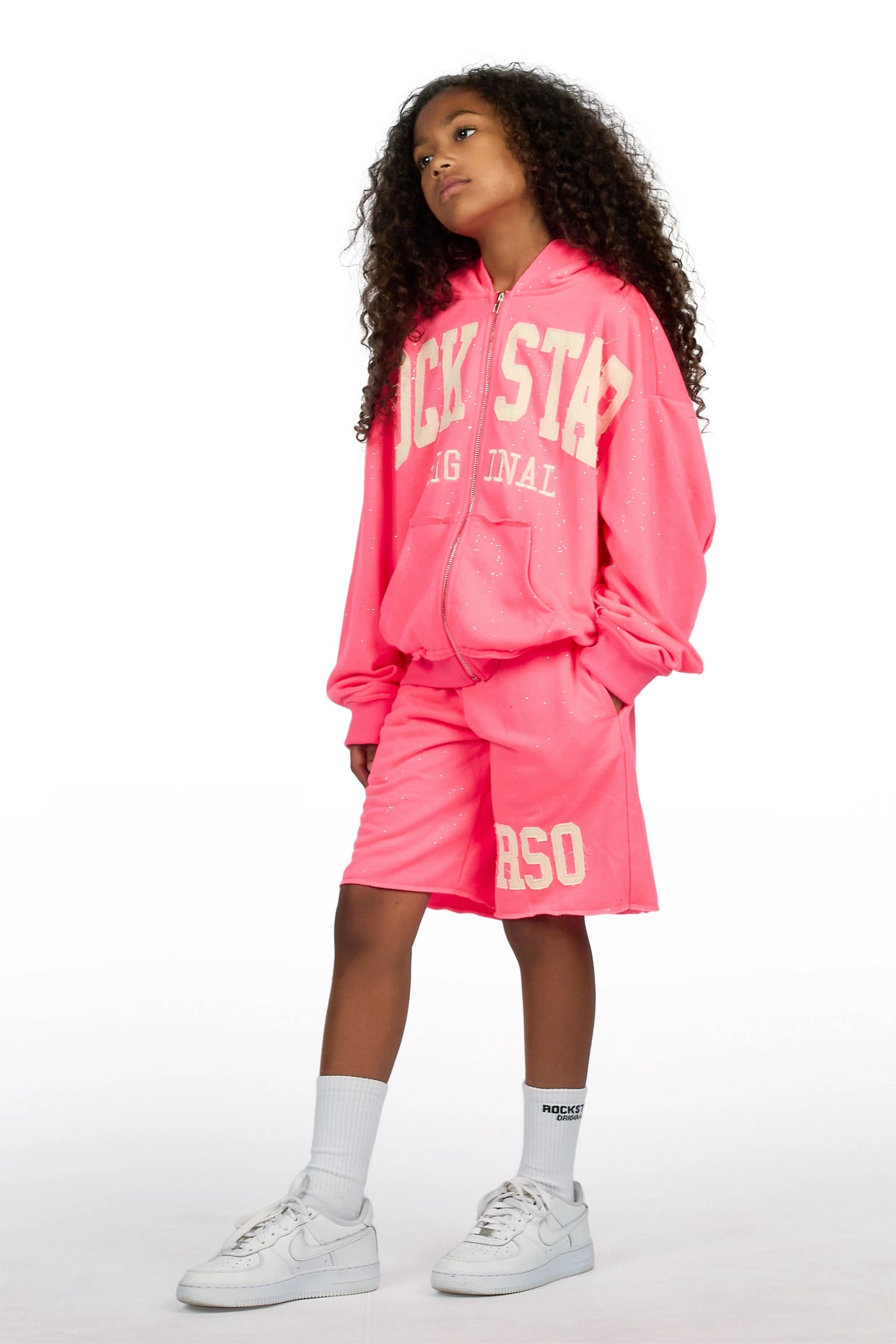 Girls Akilana Pink Hoodie Double Waisted Short Set